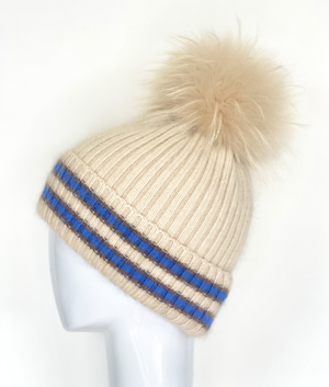 NEW Linda Richards New York Knit Stripe cashmere blend genuine fur Pom-pom Hat. Linda Richards | HA-65 Nordic Inspo Hat Tan | I Am More main image 2