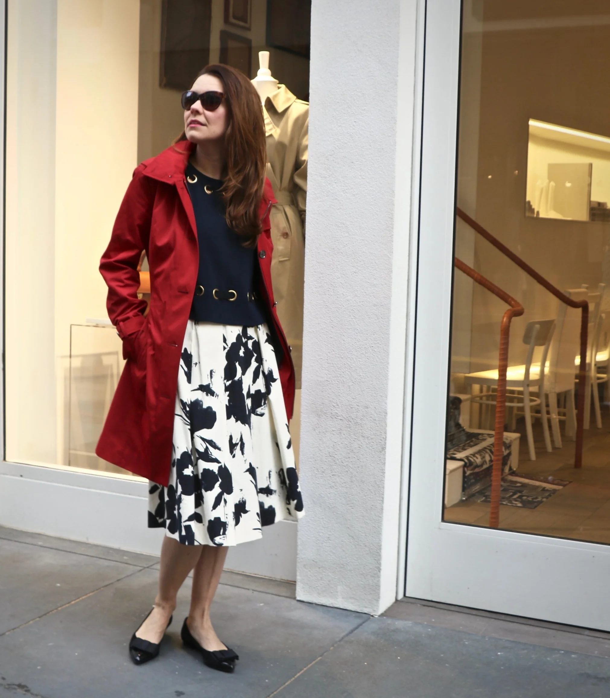 Red Trench Coat: Michael Kors , Derek Lam Navy Grommet Crop Top , Zara Midi (From last year), French Sole Black Flats