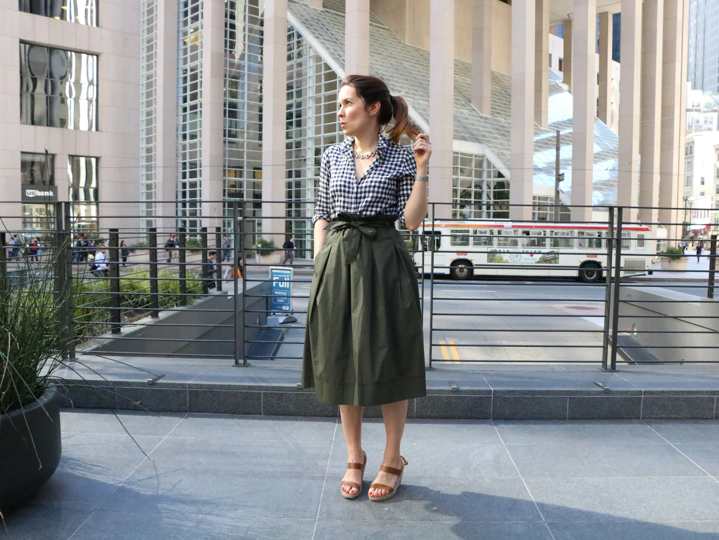 Get the Look: J.Crew Check Shirt , Uniqlo High Waist Belted Flare Green Skirt , Jigsaw London Wedges ( similar ), Vintage Necklace