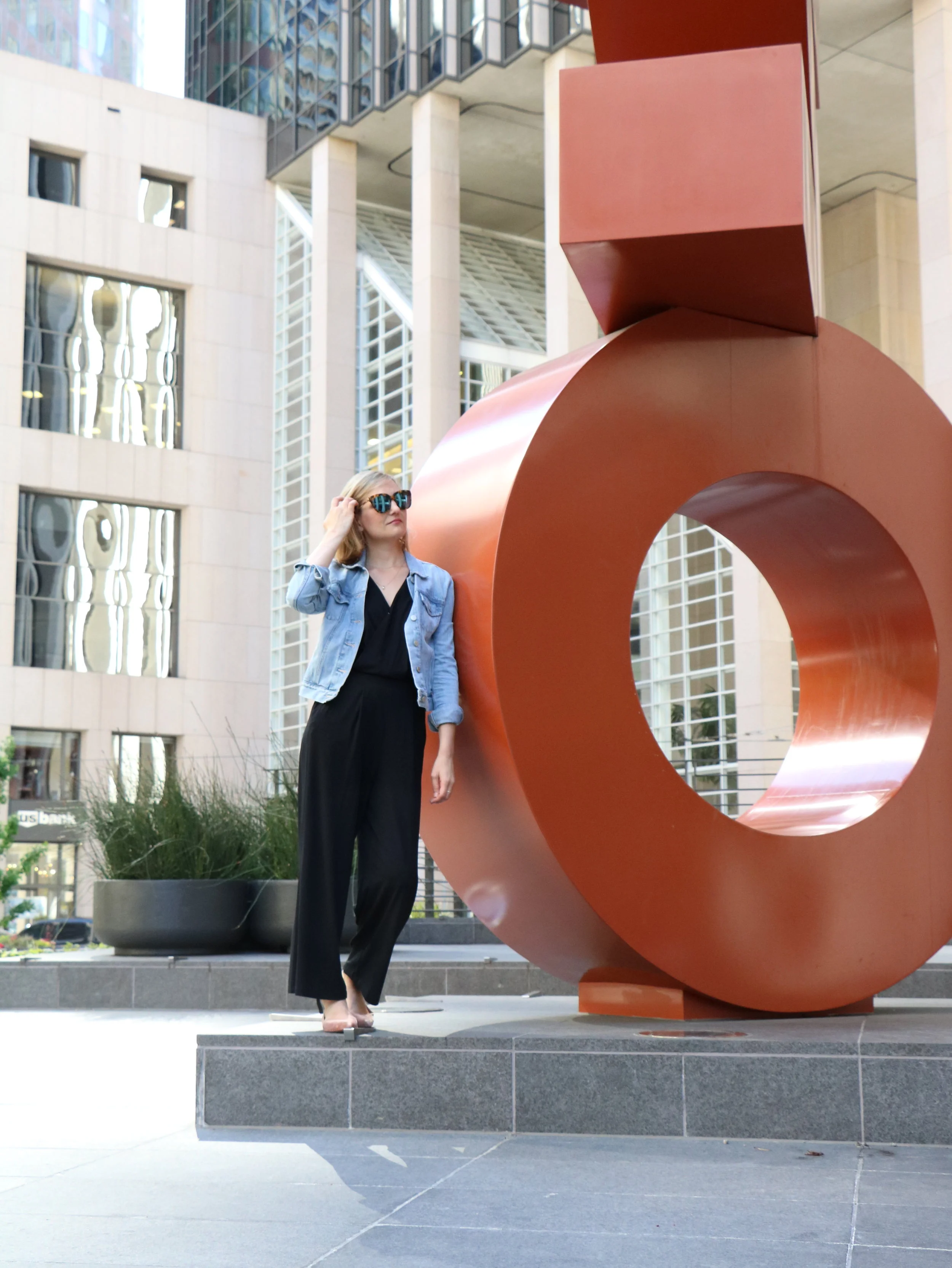 Outfit details: Uniqlo jumpsuit , Gap denim jacket , Quay Australia sunglasses , Banana Republic velvet shoes (last season).