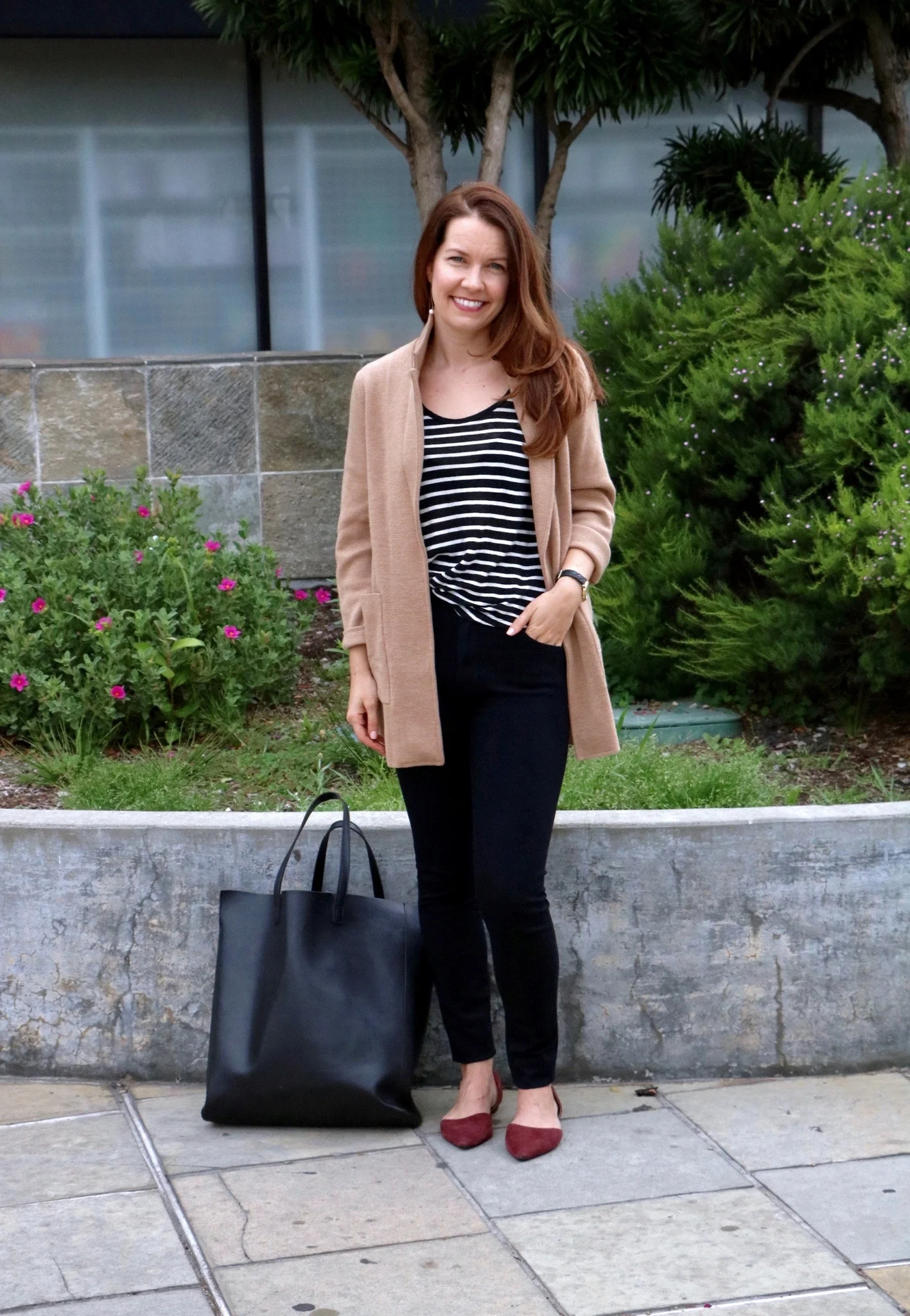 Outfit Details: J.Crew Sweater Blazer $138, AG Farah High-rise Jeans $178, Black and White Linen Tee ( Similar Caslon $25), Older BR Wine Flats (Similar above), Earrings Jessica Thompson Designs Triangle Pear $38