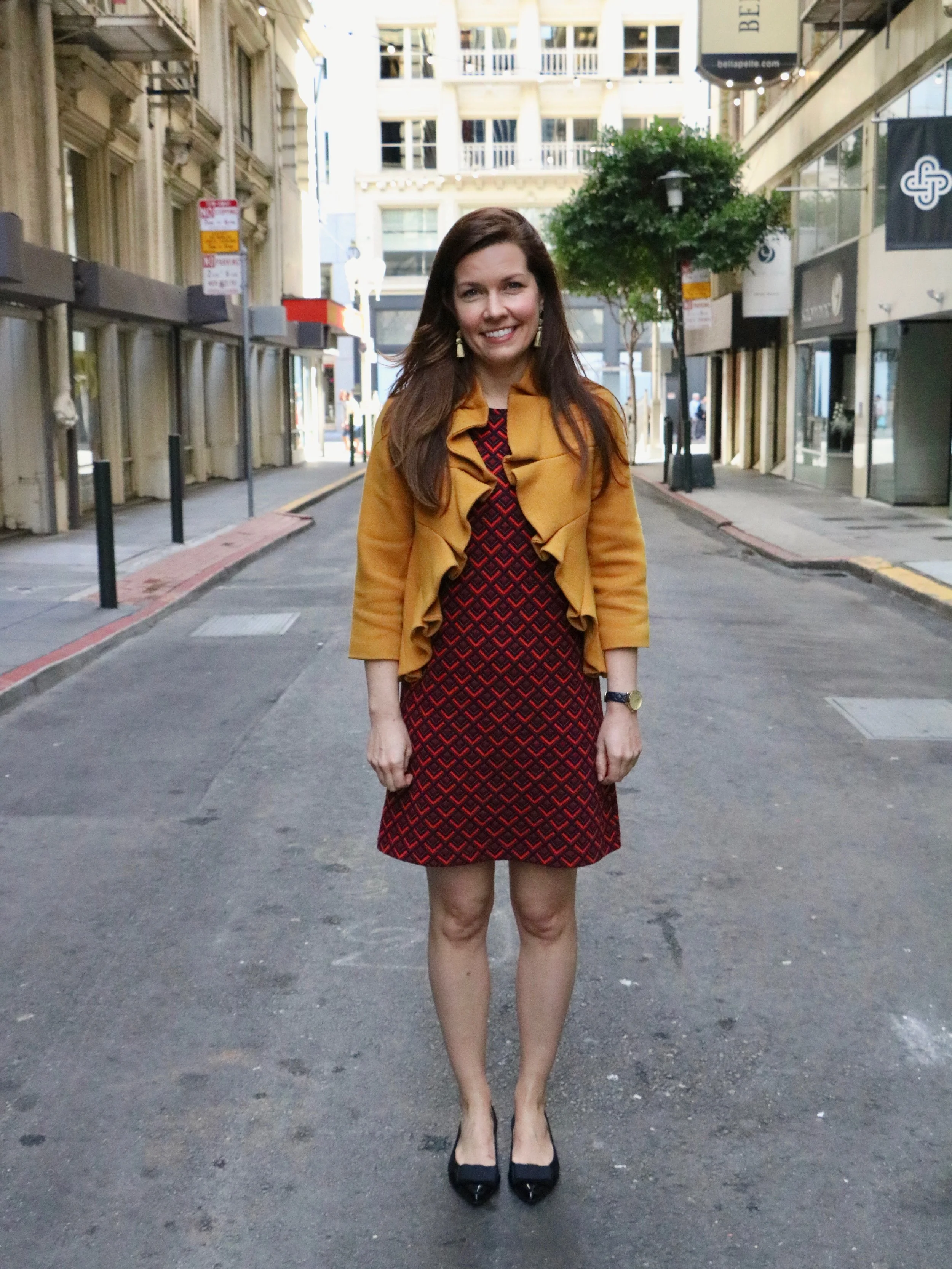 Outfit Details: Tulle Gold Jacket, Ann Taylor Loft Dress, French Sole Black Flats, J.Crew Gold Tassel Earrings