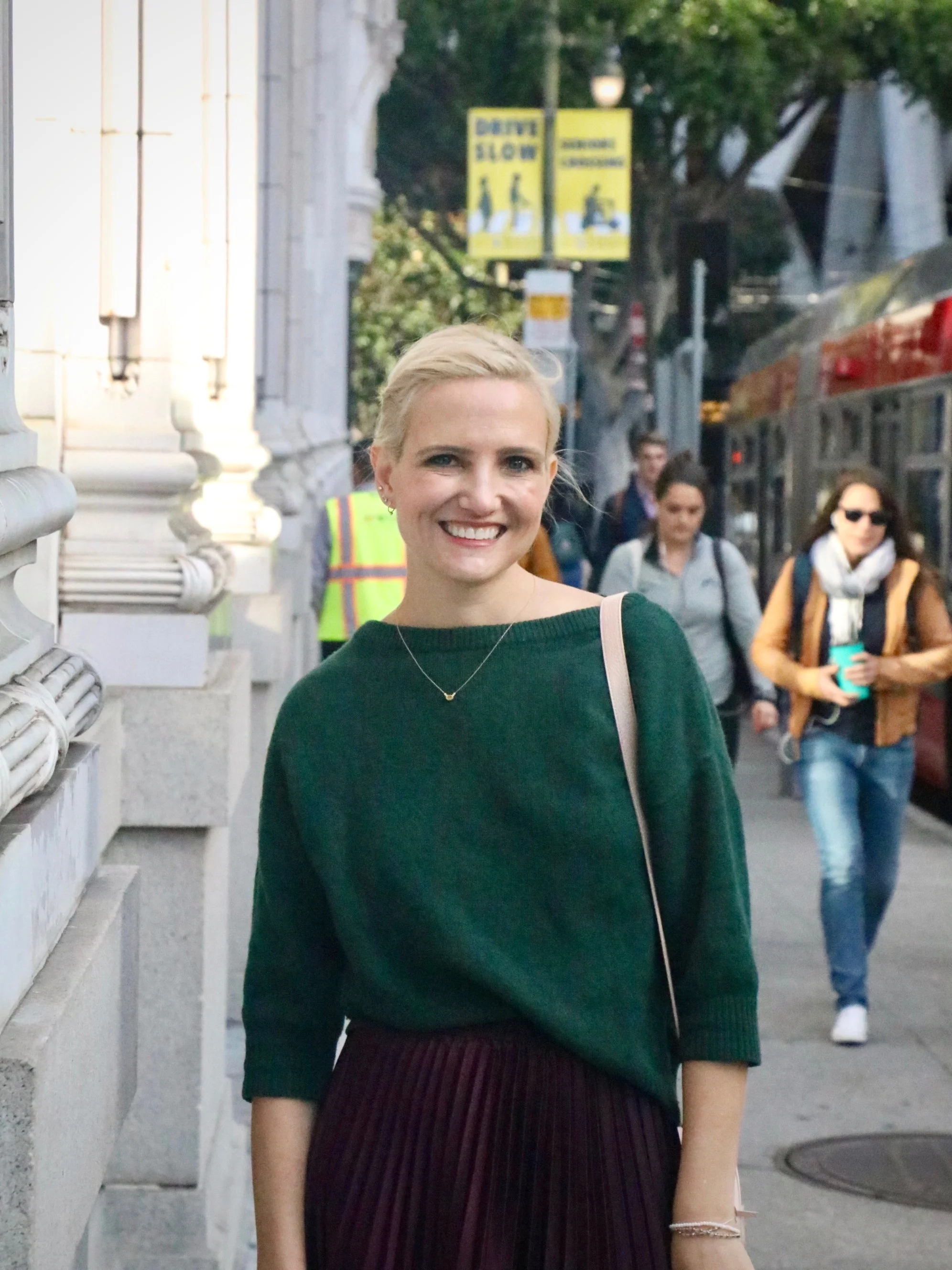 Emerald Pleated Skirt with Knit Sweater