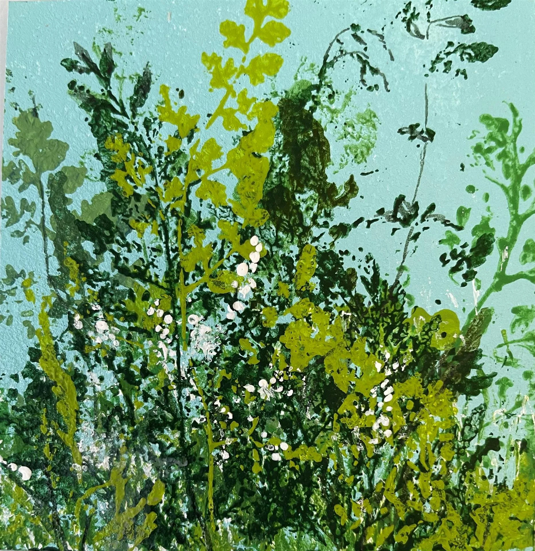 Snowdrops & Ferns  |  Henrietta Sparkman  |   Water Media  |  $150 value  |  This is a diptych. It is a set of two 6 in x 6 in shadowboxed frames with the acrylic monoprints.										