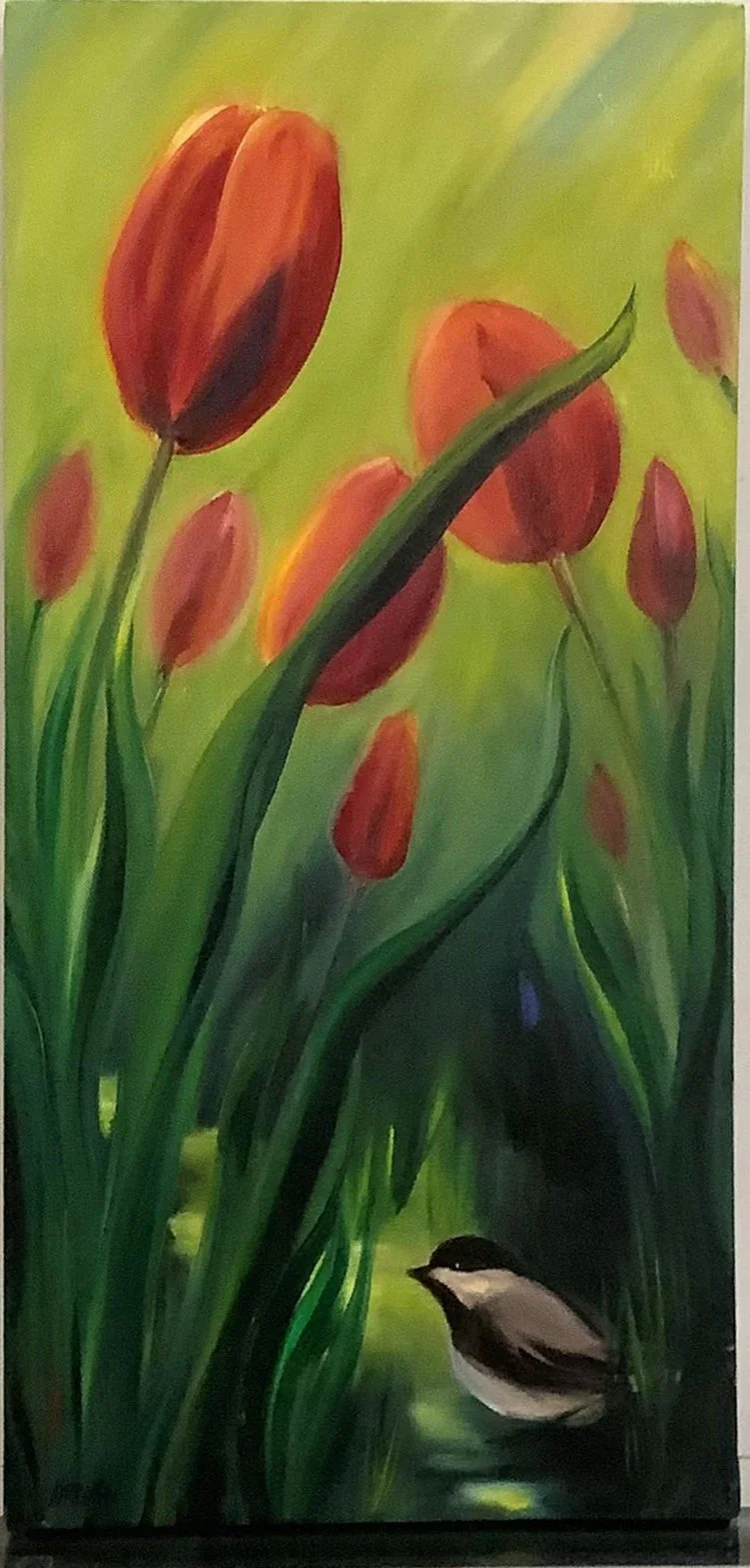 Tulips and Chickadee  |  Allison Gerrity  |  Acrylic  |  $150 value						