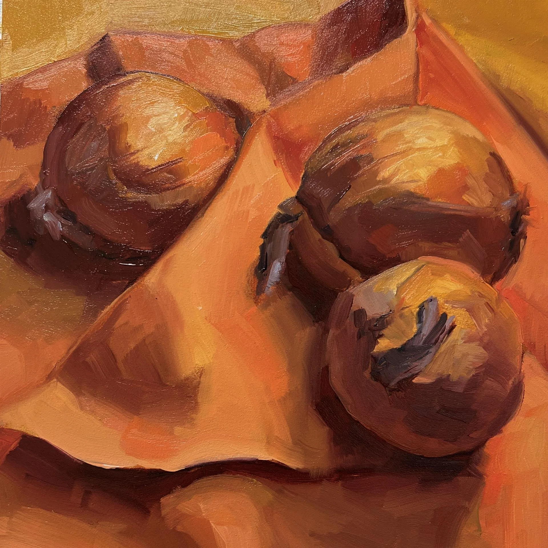 Three Onions on an Orange Cloth  |  Lucinda Kasser  |  Oil  |  $225 value			