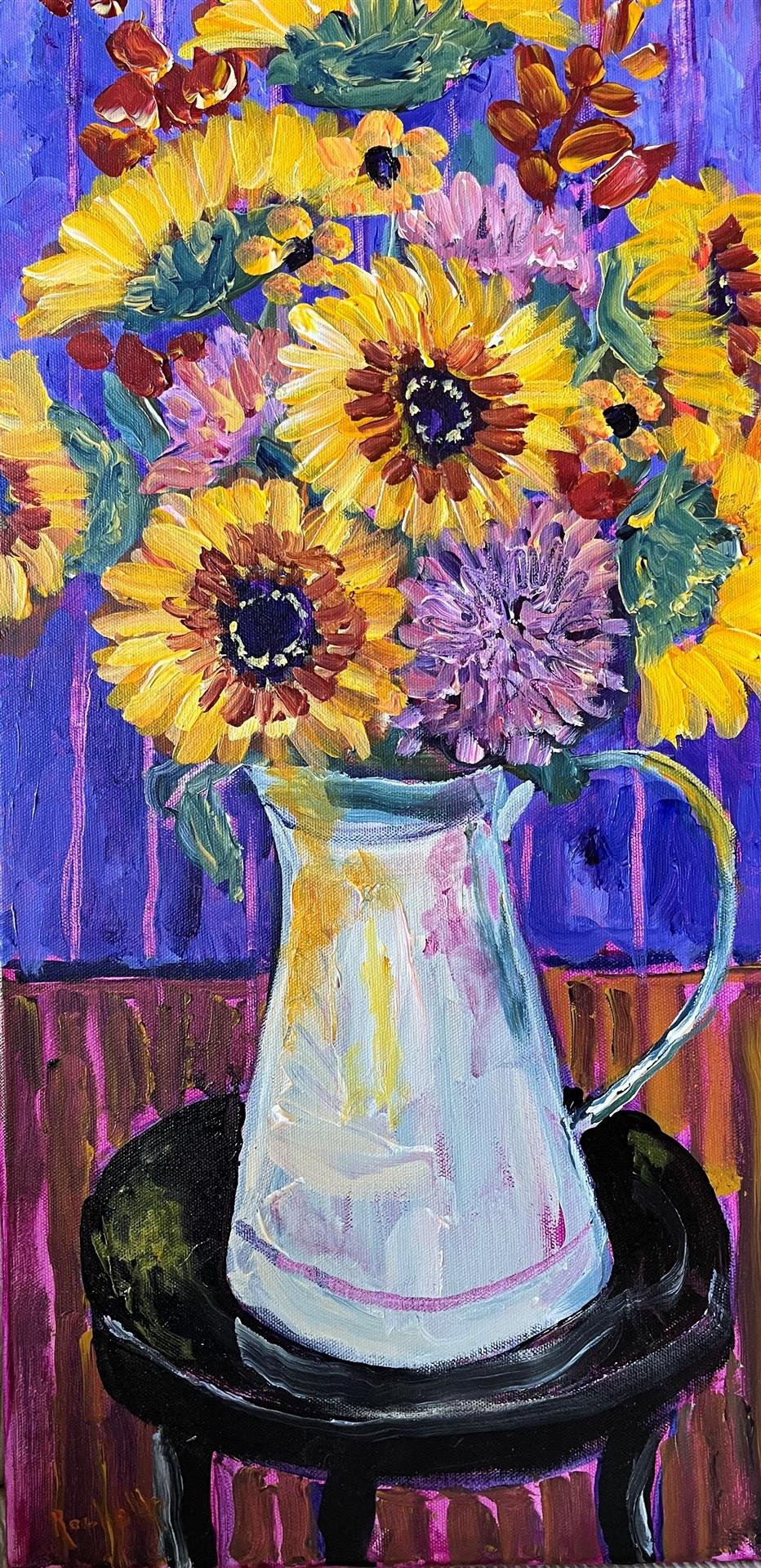 Sunflowers in White Pitcher  |  Rochelle Tietze  |  Acrylic  |  $250 value