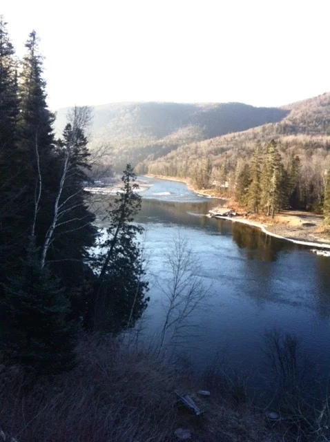 From the deck at Salmon Lodge, the Grand Cascapedia is just starting to show a bit of ice on tits banks.