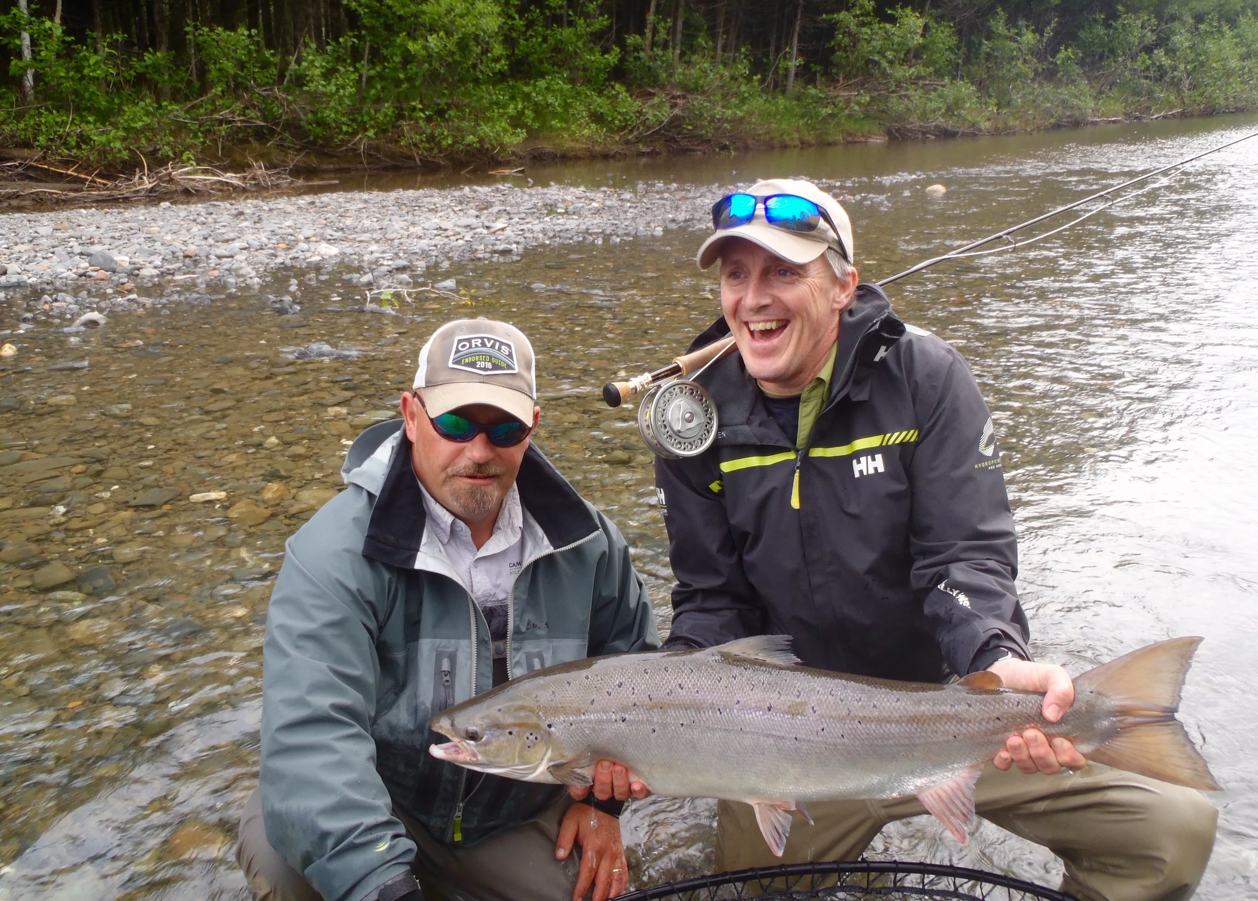 Pierre Vachon (right) and Camp Bonaventure guide John Law with a fine salmon from the Petite Cascapedia. Congratulations Pierre!