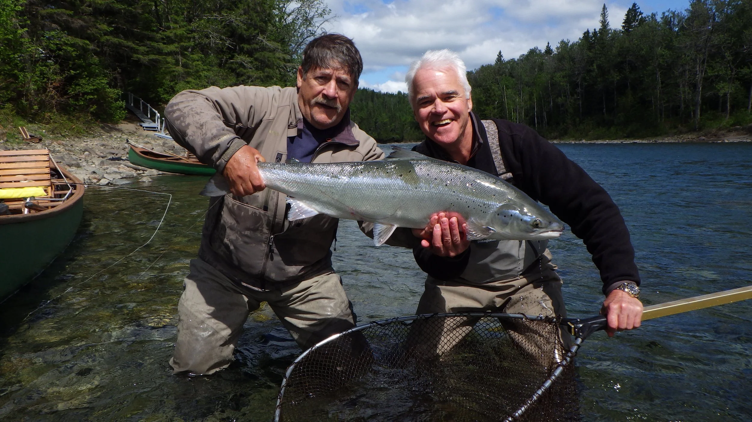 Camp Bonaventure regular Mac Fox (right) and Guide Mario Poirier with a nice Bonaventure salmon, Nice one guys!