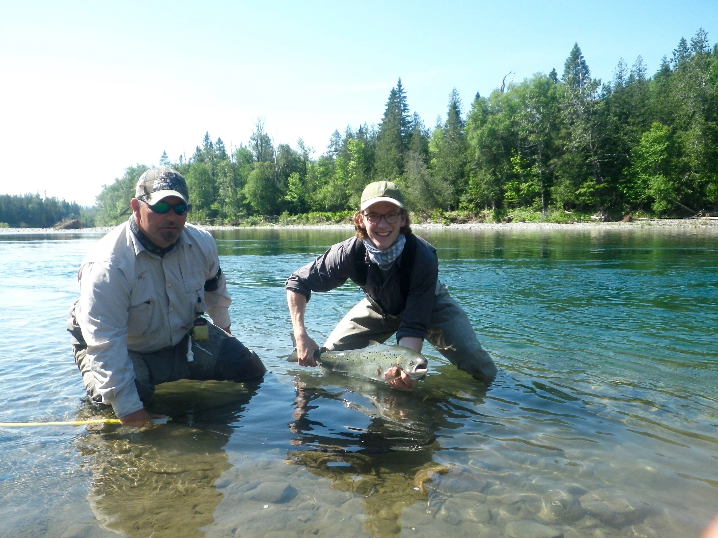 Raphael Vezina (right) and guide John Law with a fine Petite Cascapedua salmon, Nice one Raphael!