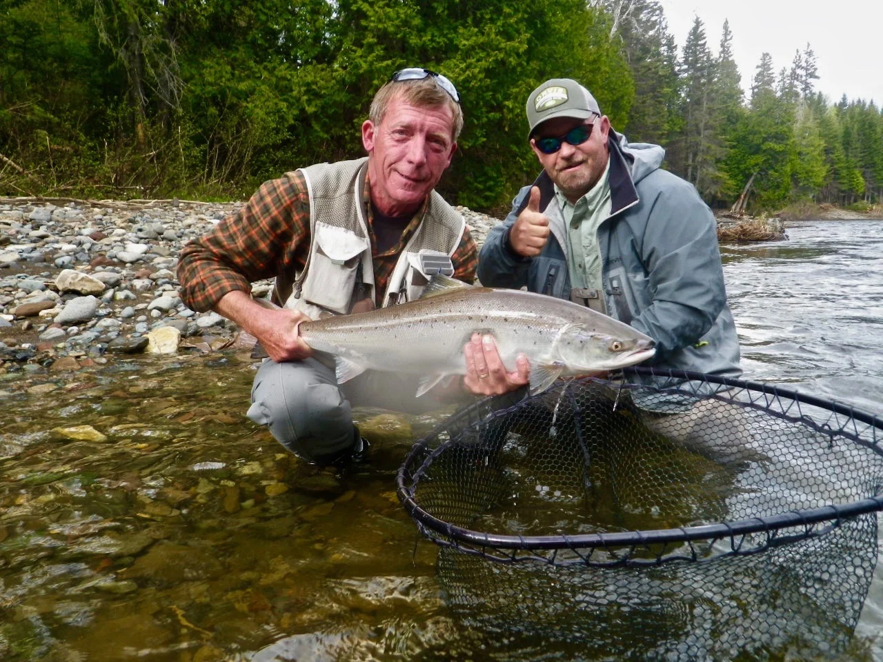 John Frost with Camp Bonaventure guide John Law with the first salmon of the new season, congratulations John! well done.