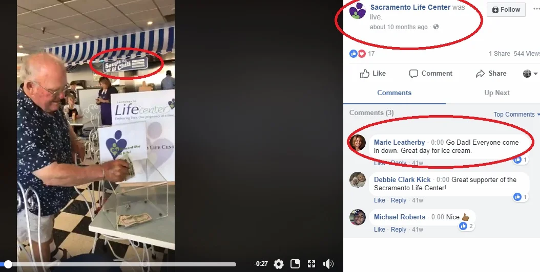 The Sacramento Life Center streamed the live fundraiser from Leatherby's Family Creamery. Source: Sacramento Life Center Facebook page 