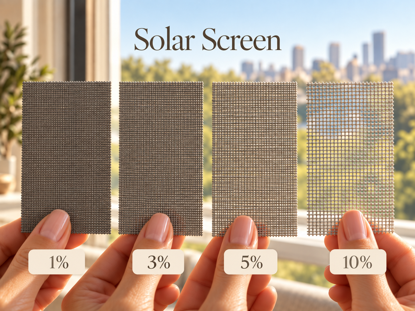 Four solar screen fabric samples showing 1%, 3%, 5%, and 10% openness against a bright window.