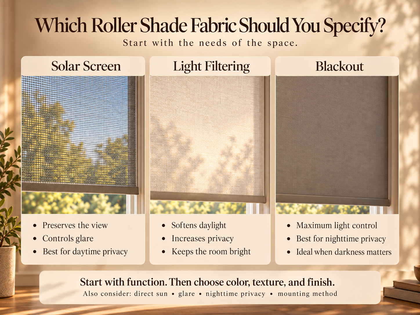 Comparison of solar screen, light-filtering, and blackout roller shade fabrics showing differences in view-through, daylight, privacy, and light control.