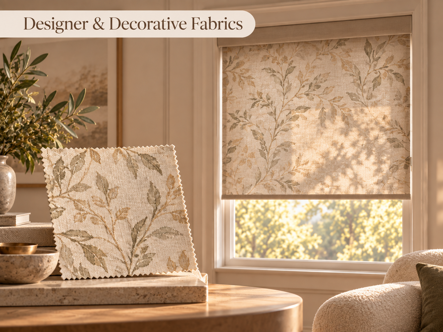 Decorative botanical fabric sample shown beside a custom fabric-laminated roller shade made in the same pattern.
