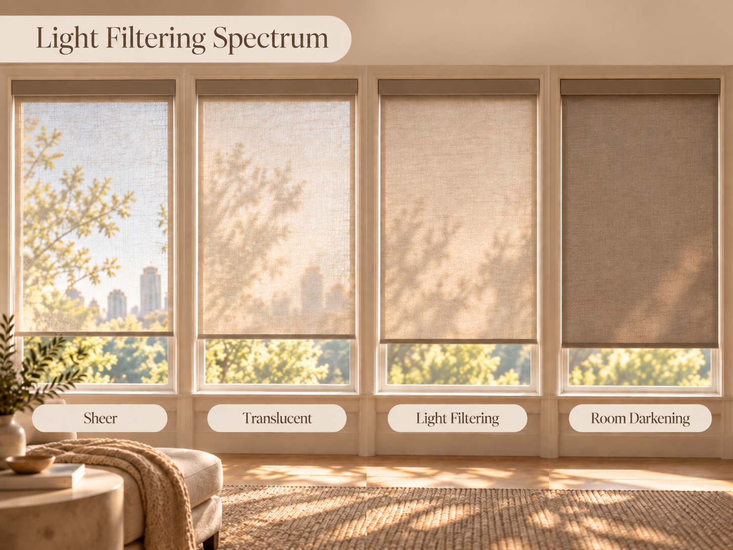 Four roller shade examples showing a light-filtering spectrum from sheer to translucent, light filtering, and room darkening in the same sunlit room.