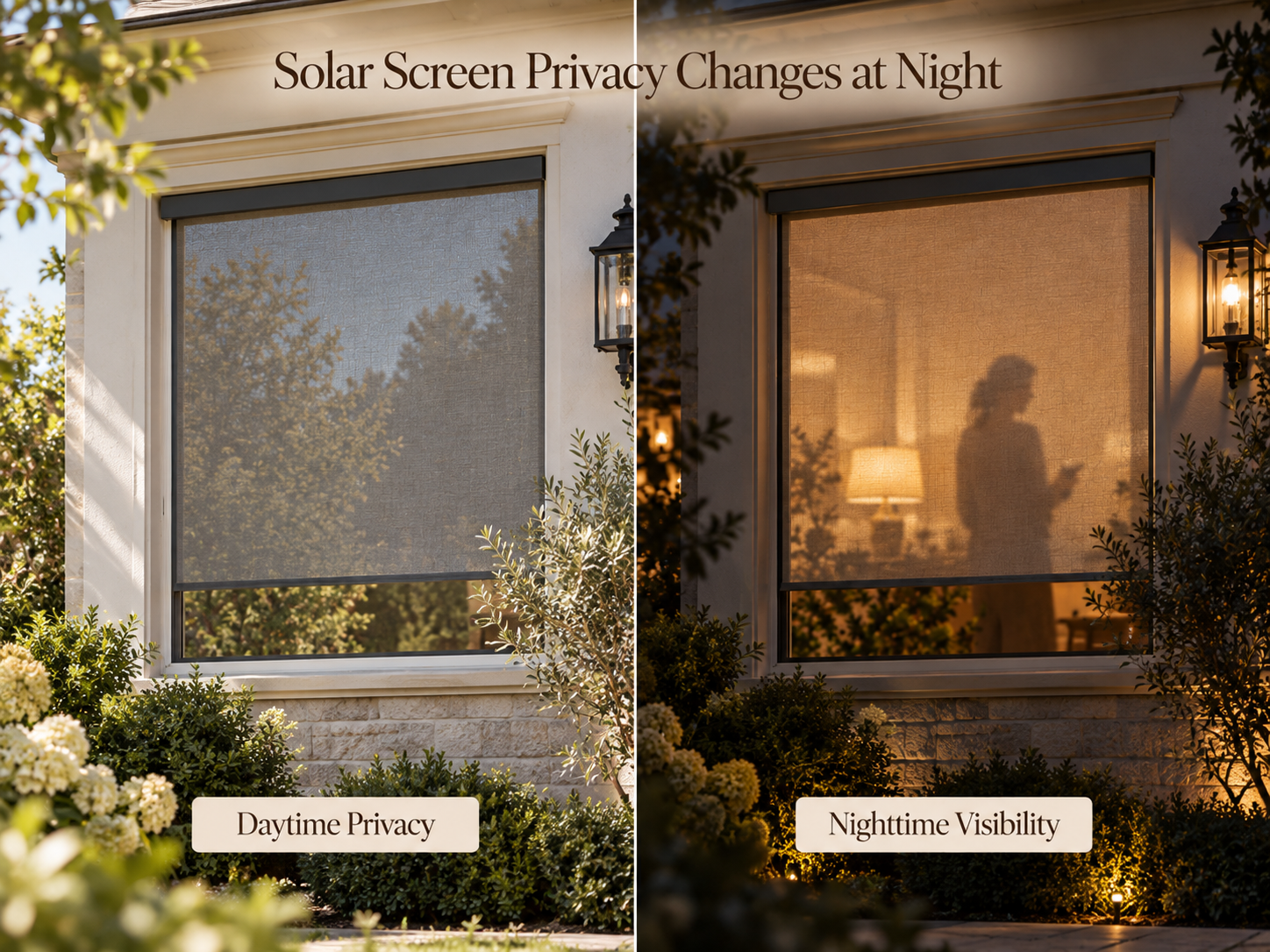 Exterior view of the same solar screen window during the day and at night, showing increased interior visibility after dark when indoor lights are on.