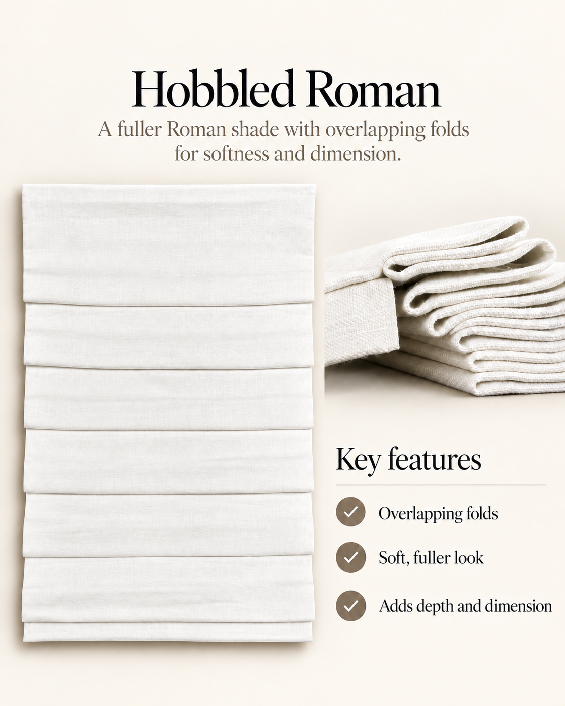 White Hobbled Roman shade featuring full, overlapping horizontal fabric folds, with a close-up illustrating its layered construction and dimension.