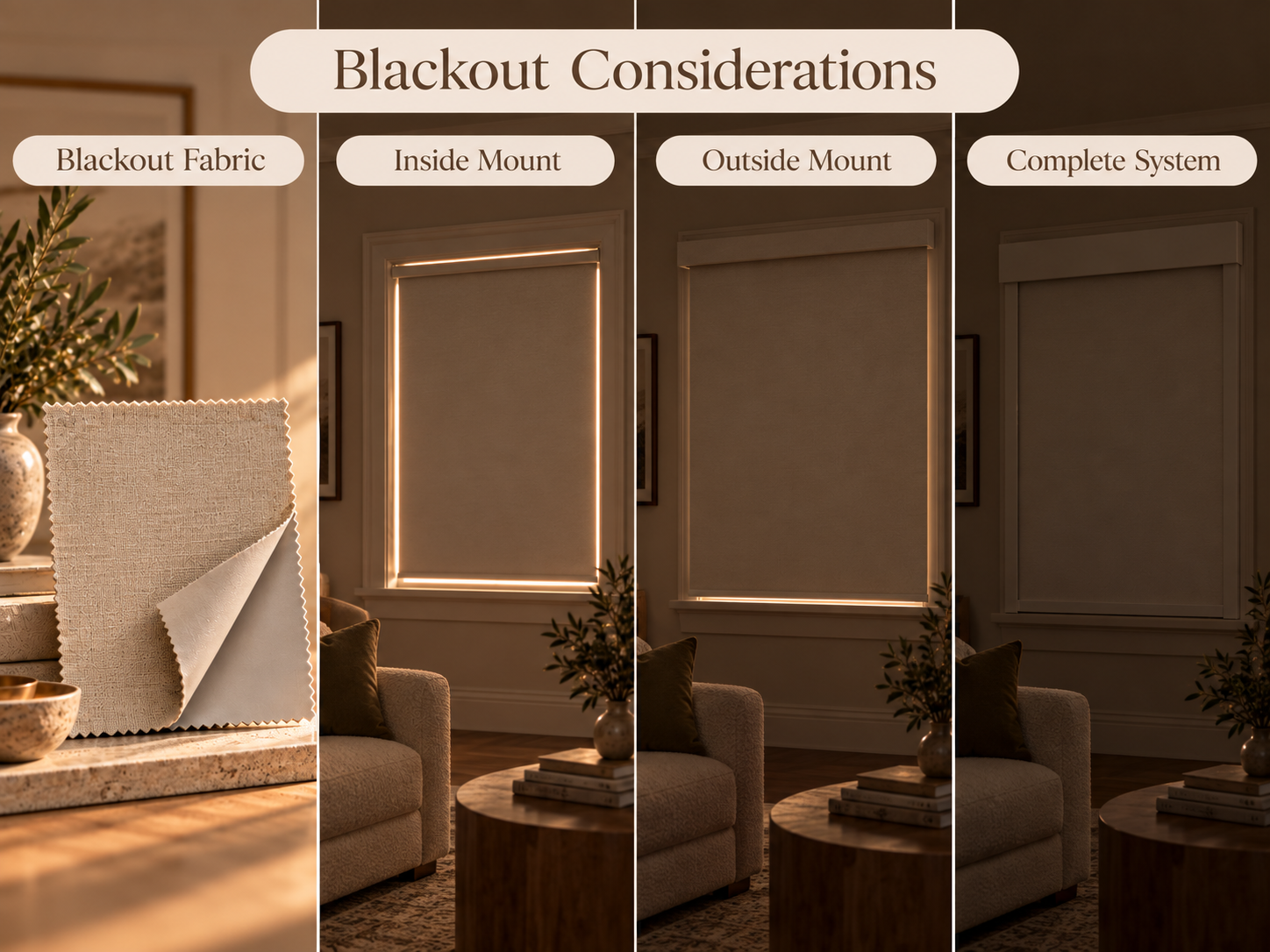 Blackout shade comparison showing a solid blackout fabric swatch, inside mount with visible light gaps, outside mount with greater coverage, and a complete blackout system with added light-blocking components.