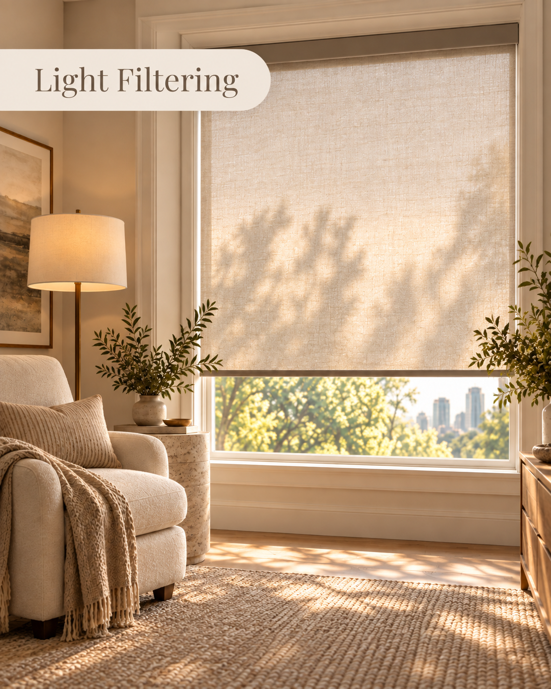Light-filtering roller shade diffusing natural daylight in a warm, neutral living room.