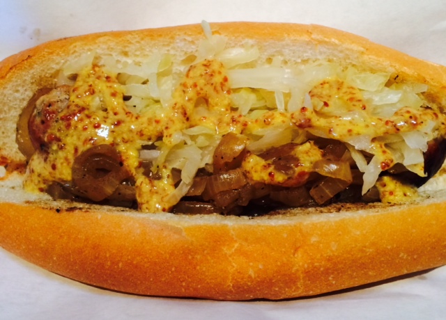 Rattlesnake & rabbit with jalapeño, kraut and onions, with spicy whole grain mustard. F-ing delicious!