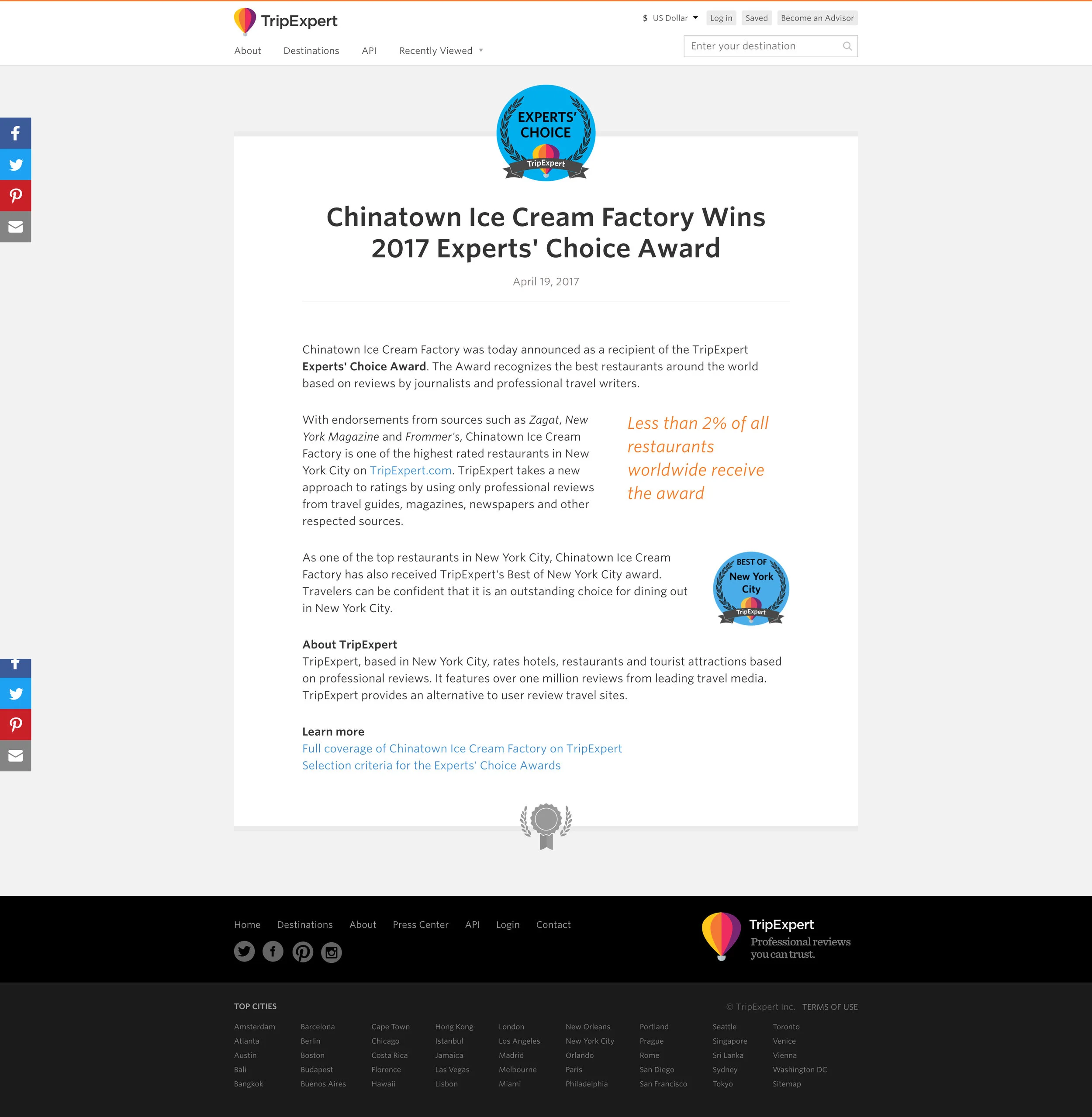 Travel Expert - Chinatown Ice Cream Factory Wins 2017 Experts' Choice Award