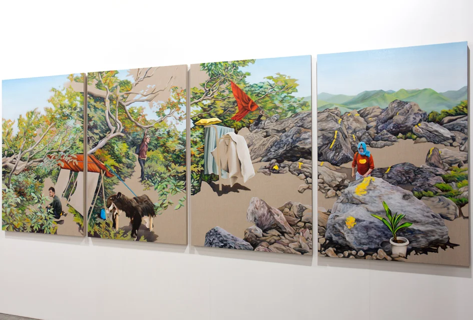 Pass By (install view) - La Trobe University Museum of Art Collection Runner Up at the Redland Art Awards 2014 Oil on linen 2014 Total dimensions, 4 panels 146 x 400 cm