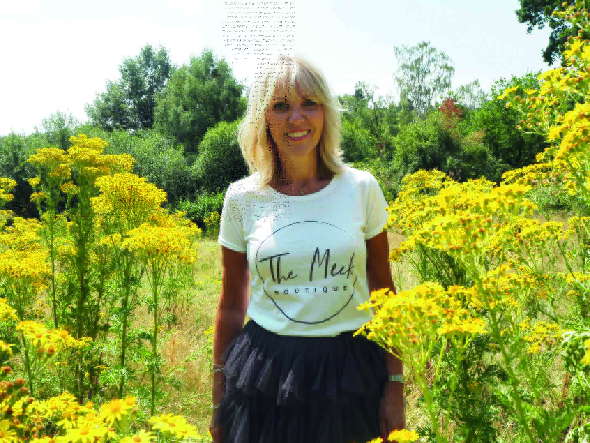 Lynne Meek, wearing branded t-shirt fot The Meek Boutique, Tunbridge Wells