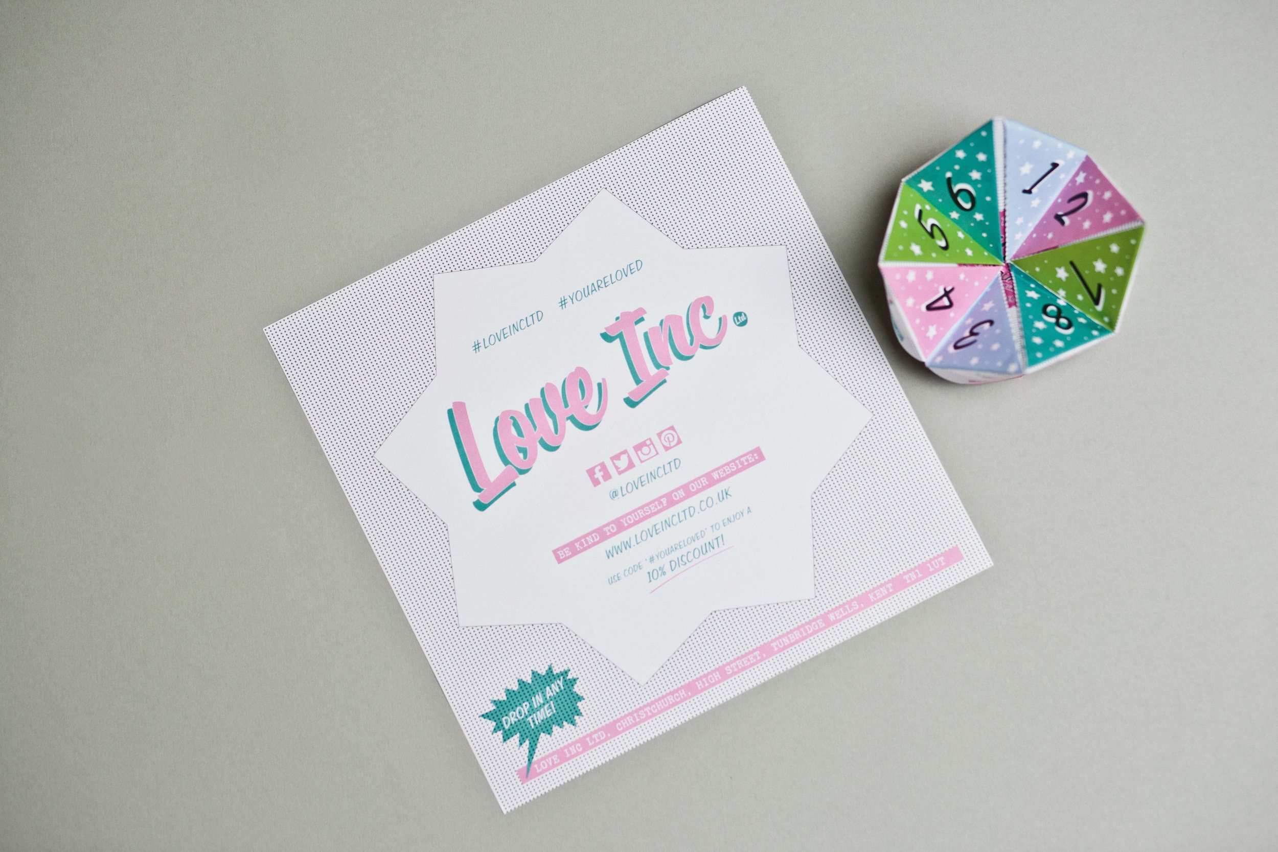 Creative flyer design and digital print for Love Inc, Tunbridge Wells gift shop