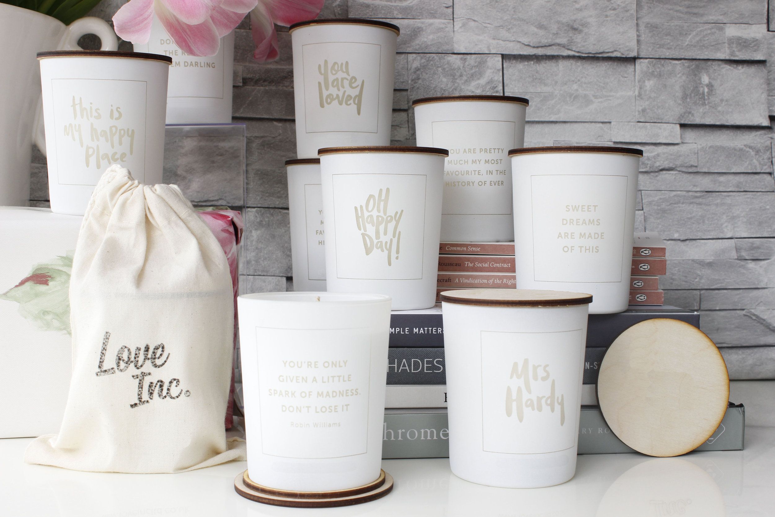Hand lettered candle and product design for Kent gift and interiors shop