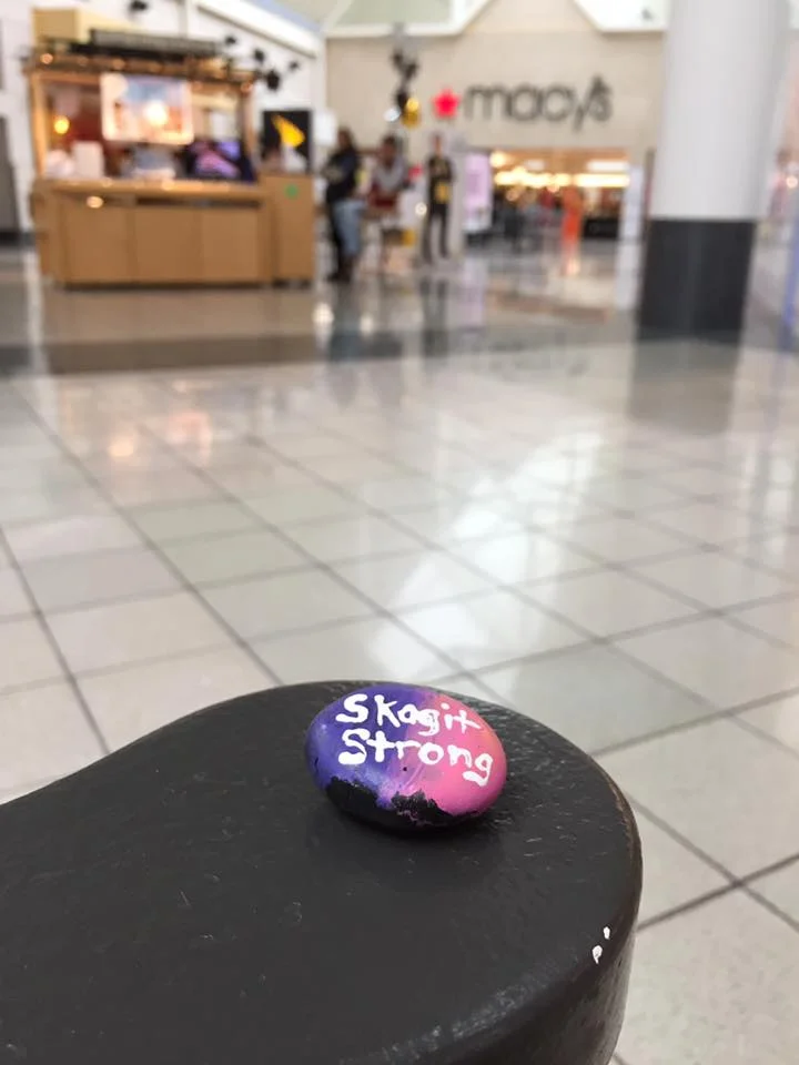 Example of how the rocks can be artful. This rock was near the Macy's just after the shooting at Cascade Mall in September 2016.