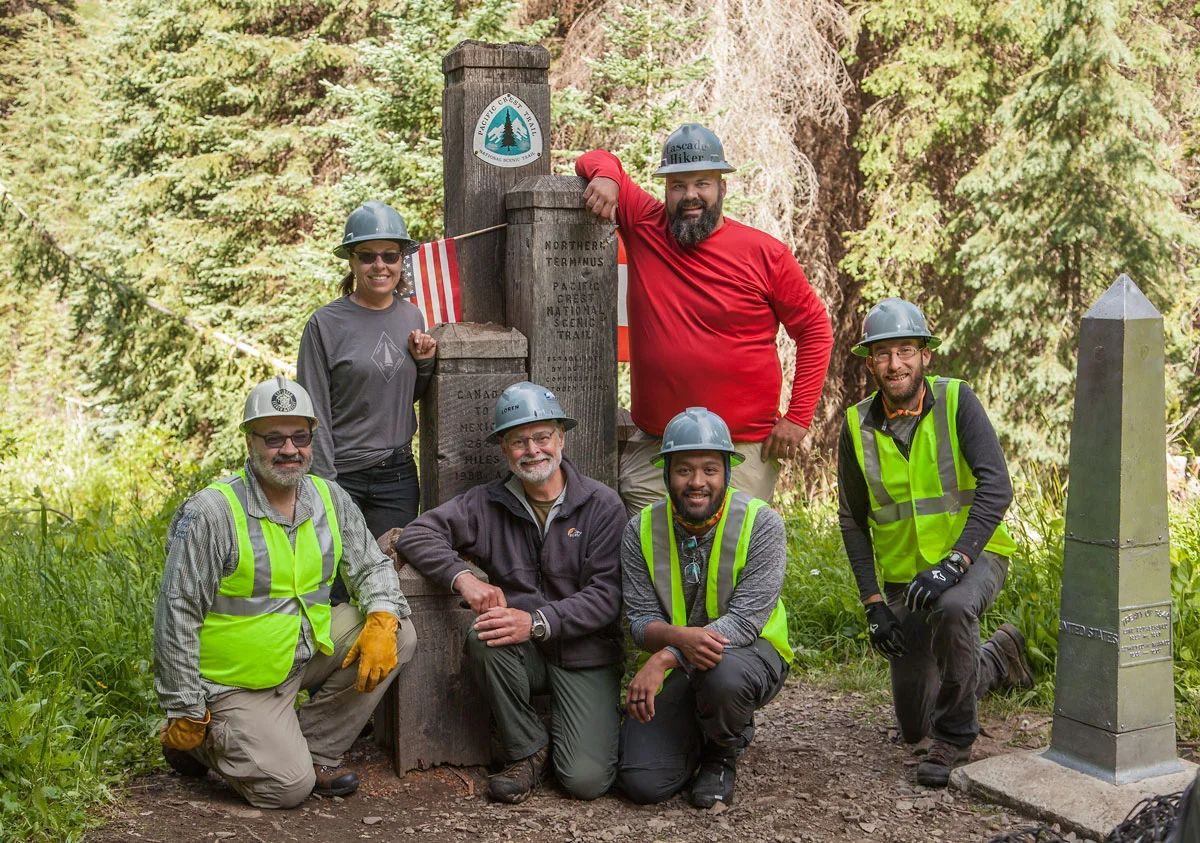 PCTA crew before taking down the old monument. Left to right Roger St John, Shannon Cunningham-Leader, Loren Schmidt, Jeremy Canaria, Rudy Giecek and Michael Hanley Photo Courtesy of Loren Schmidt