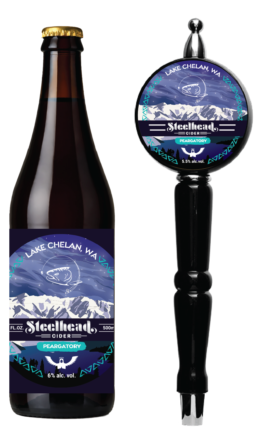 A dark brown bottle of Steelhead Cider and a tap with a circular label featuring mountain scenery, a fishing logo, and the words 'Lake Chelan, WA,' 'Peargatory,' and alcohol percentages.