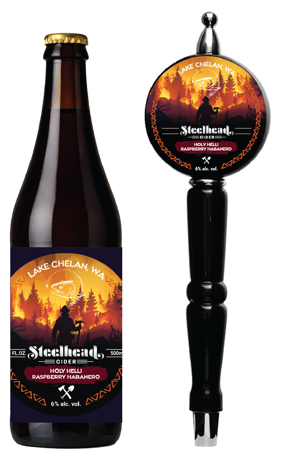 A dark bottle of Steelhead cider with a label featuring a silhouette of a person holding a pickaxe against a forested sunset background, labeled 'Holy Hell! Raspberry Habanero' with 6% alcohol and 500ml volume.