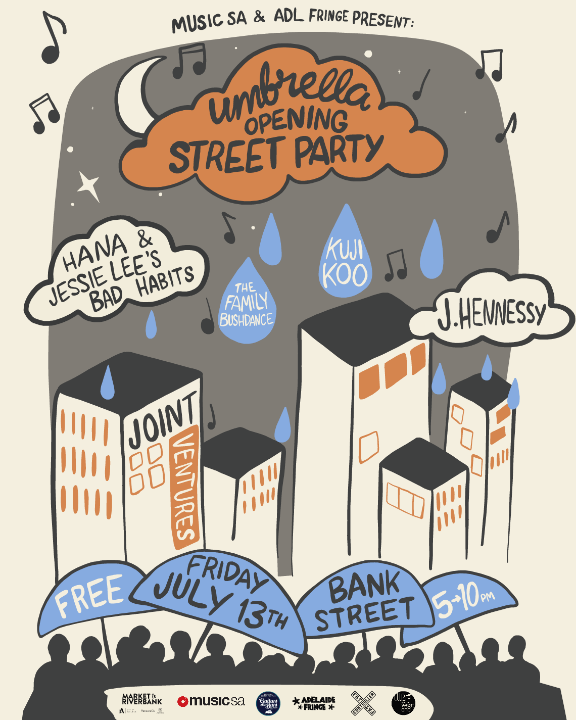 Poster and promotional materials designed and animated for Umbrella opening street party 2018