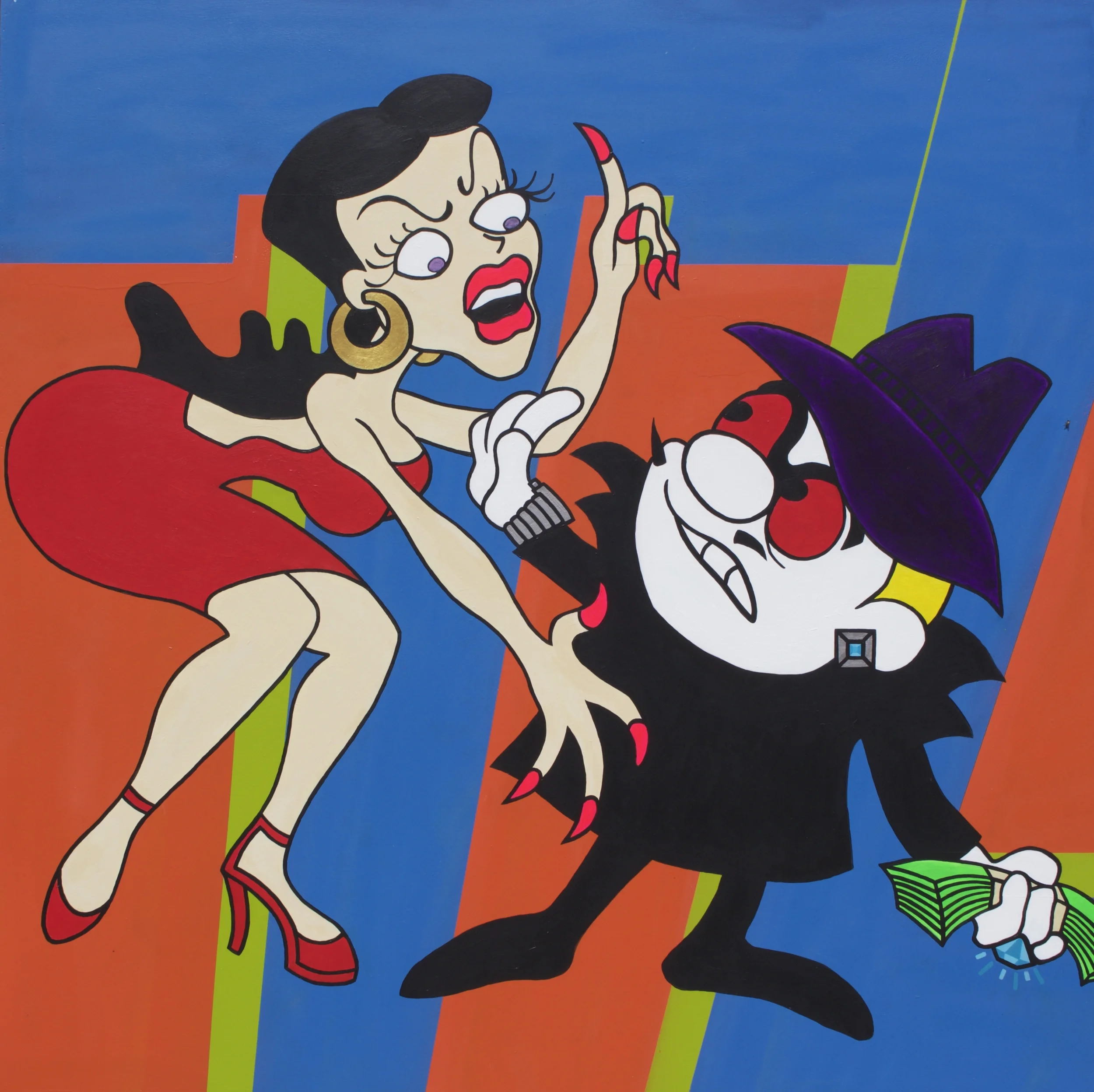   HUSTLE     GIVE ME MY MONEY [Sold]   Acrylics, Spray Paint and Mixed Media on Cradled Maple Board  48"L X 48"H X 2.5"D  [ 3 of 4 ] 