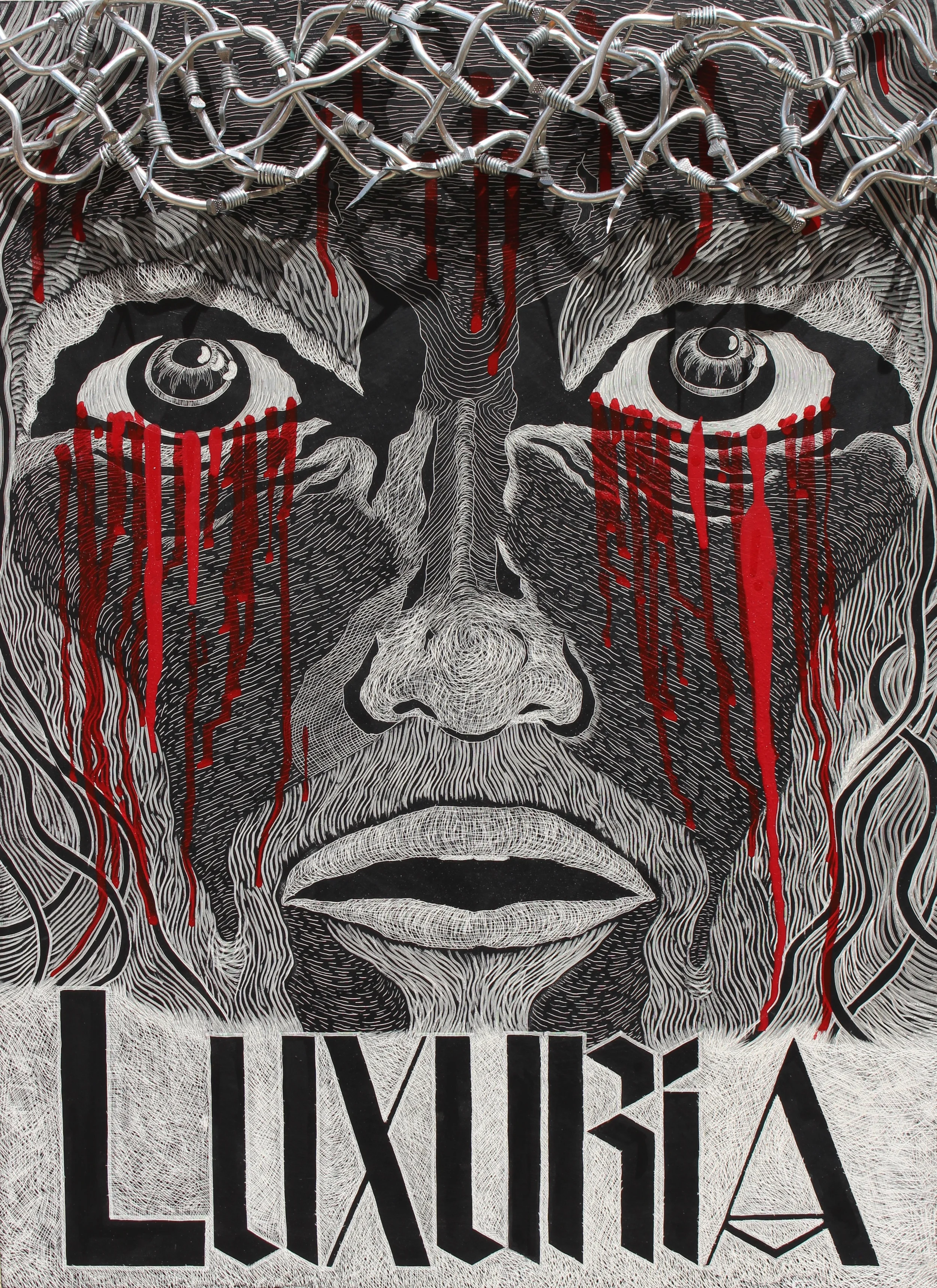   LUXURIA [ Lust ]   Sgraffito On Kaolin Clay,&nbsp;India Ink, Acrylics,&nbsp;Aluminum Wire And Nails On Cradled Maple Bord.  20"L &nbsp;X 28"H X&nbsp;2.5"D 