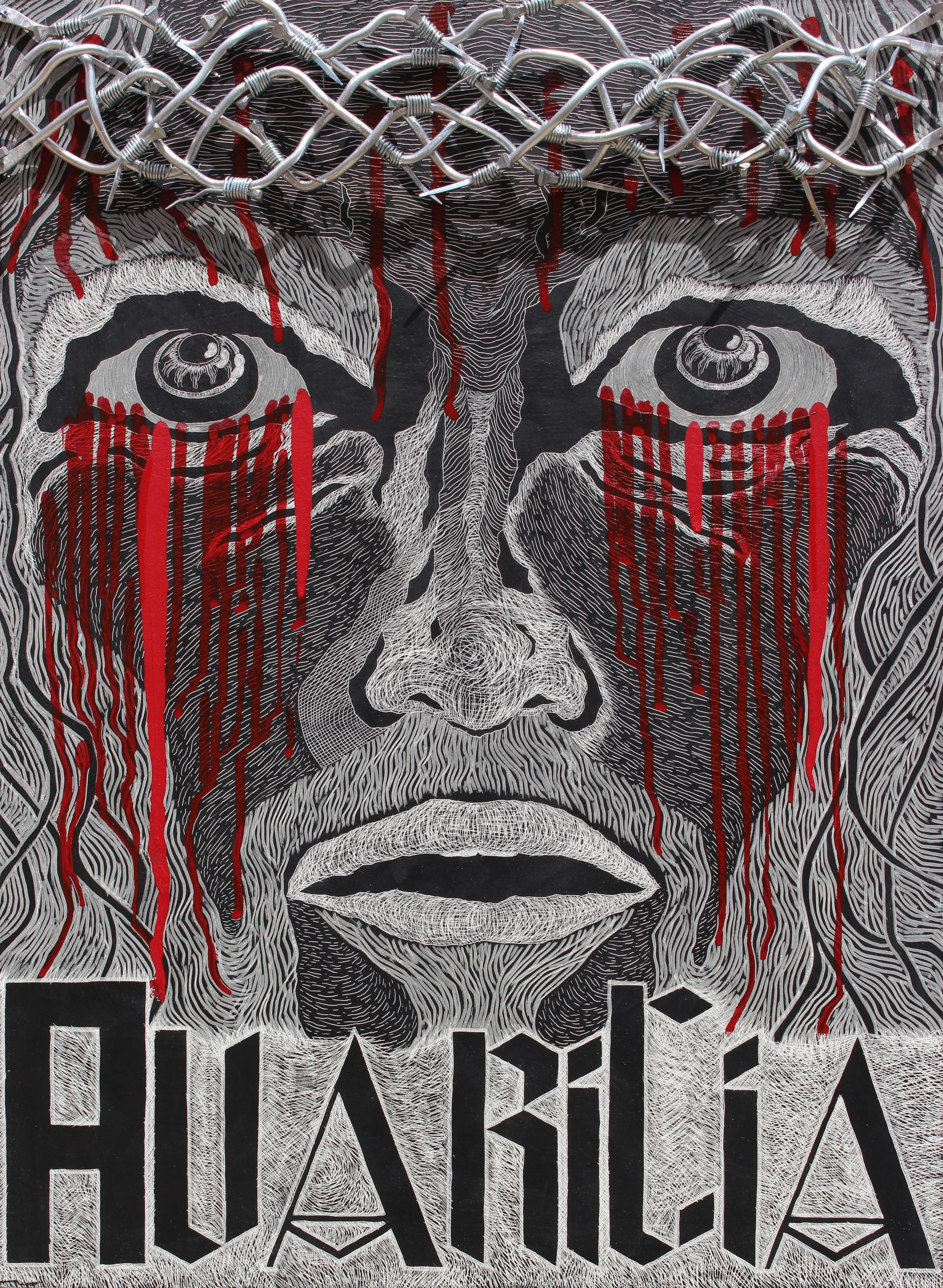   AVARITIA [ Greed&nbsp;]   Sgraffito On Kaolin Clay,&nbsp;India Ink, Acrylics,&nbsp;Aluminum Wire And Nails On Cradled Maple Bord.  20"L &nbsp;X 28"H X&nbsp;2.5"D 