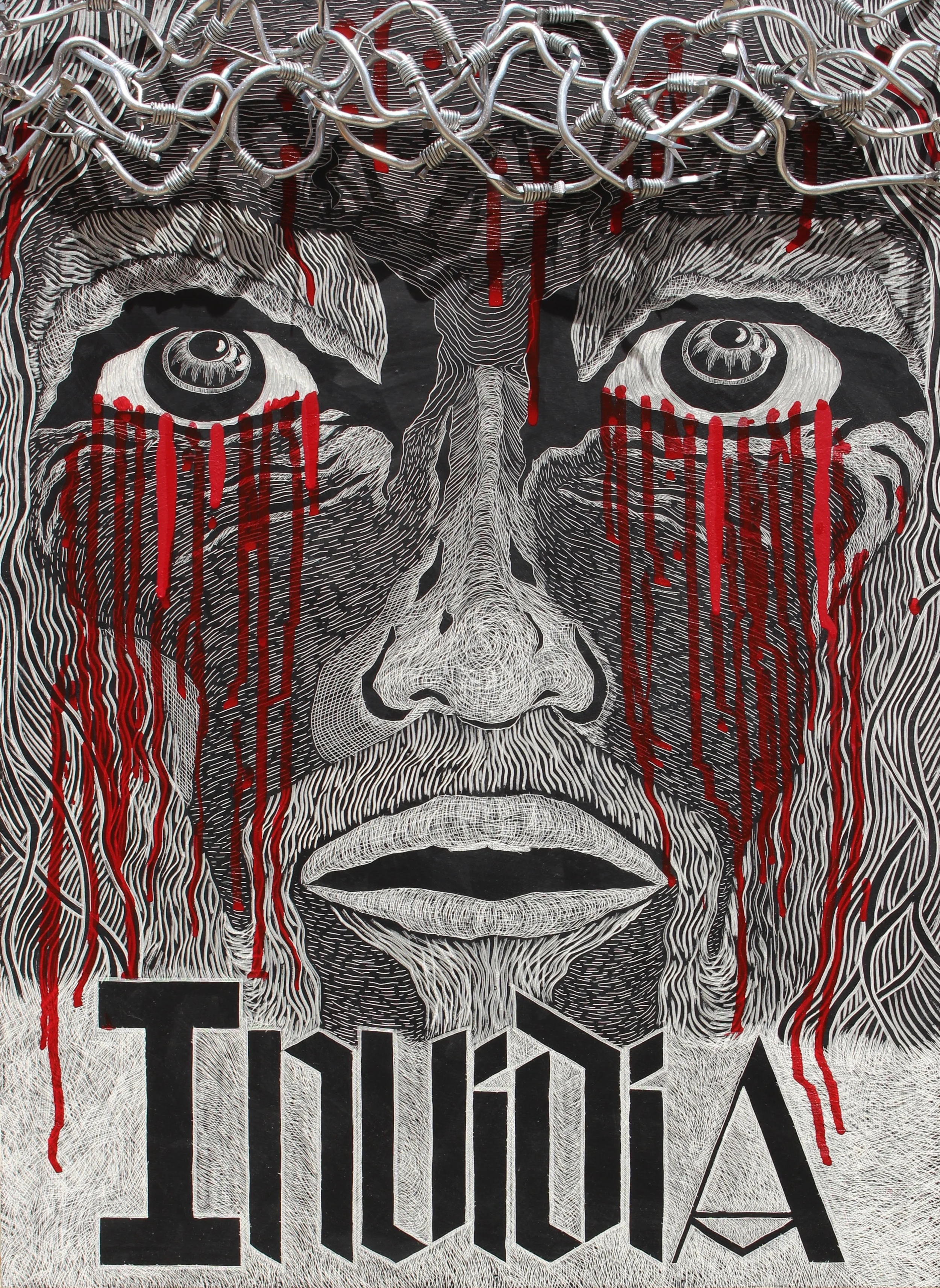   INVIDIA [ Envy&nbsp;]   Sgraffito On Kaolin Clay,&nbsp;India Ink, Acrylics,&nbsp;Aluminum Wire And Nails On Cradled Maple Bord.  20"L &nbsp;X 28"H X&nbsp;2.5"D 