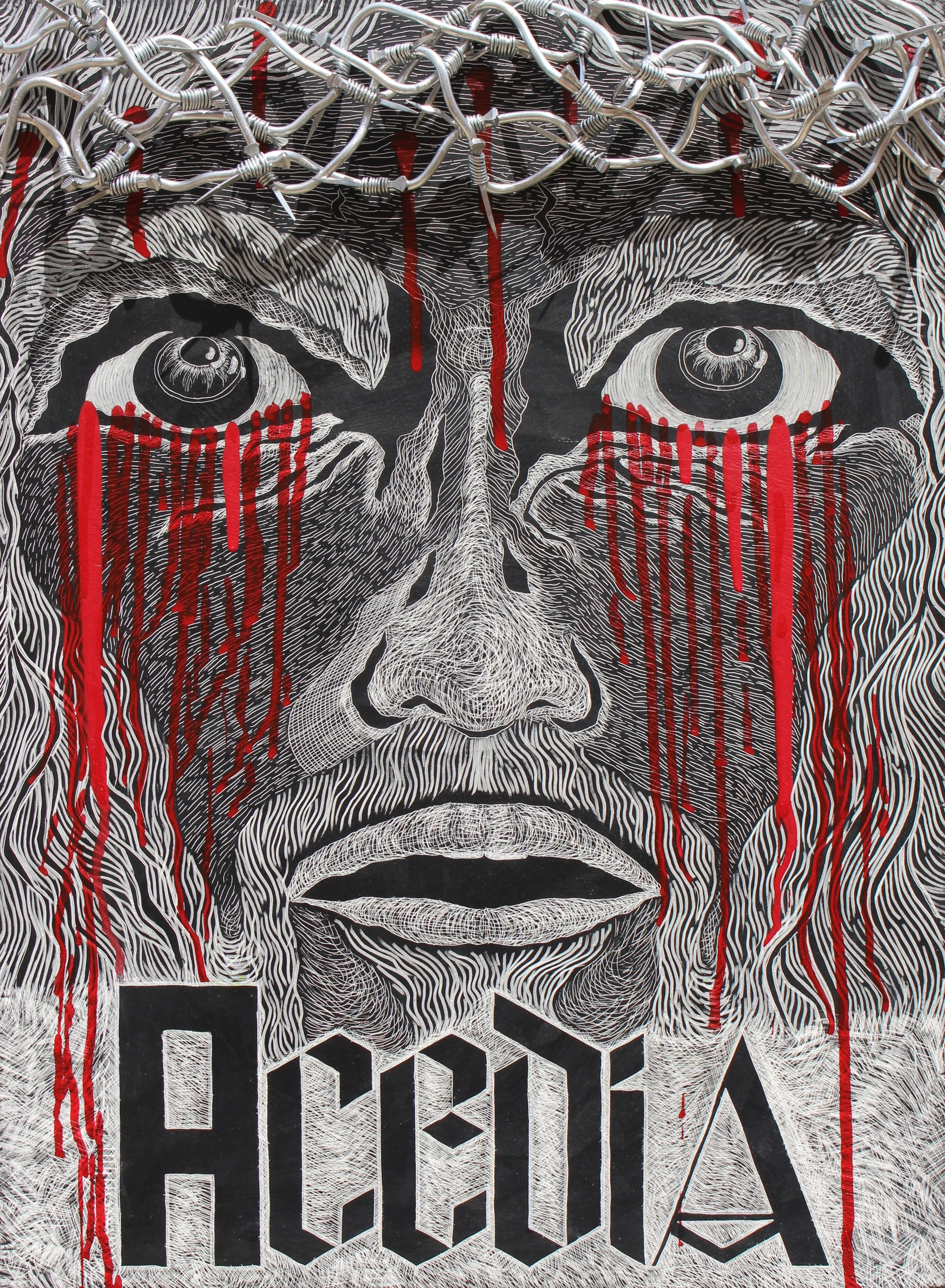   ACEDIA [ Sloth&nbsp;]   Sgraffito On Kaolin Clay,&nbsp;India Ink, Acrylics,&nbsp;Aluminum Wire And Nails On Cradled Maple Bord.  20"L &nbsp;X 28"H X&nbsp;2.5"D 