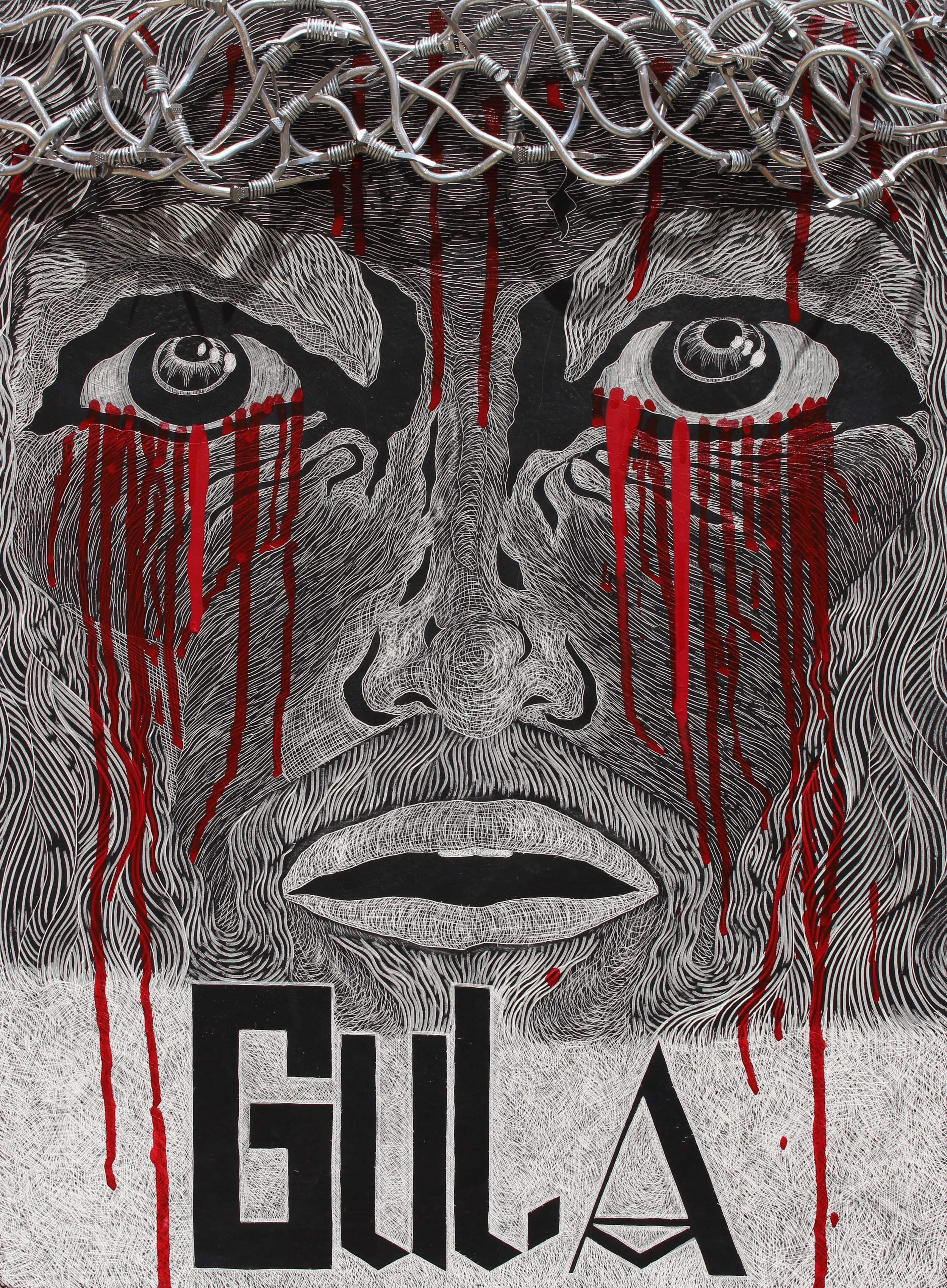   GULA&nbsp;[ Gluttony&nbsp;]   Sgraffito On Kaolin Clay,&nbsp;India Ink, Acrylics,&nbsp;Aluminum Wire And Nails On Cradled Maple Bord.  20"L &nbsp;X 28"H X&nbsp;2.5"D 