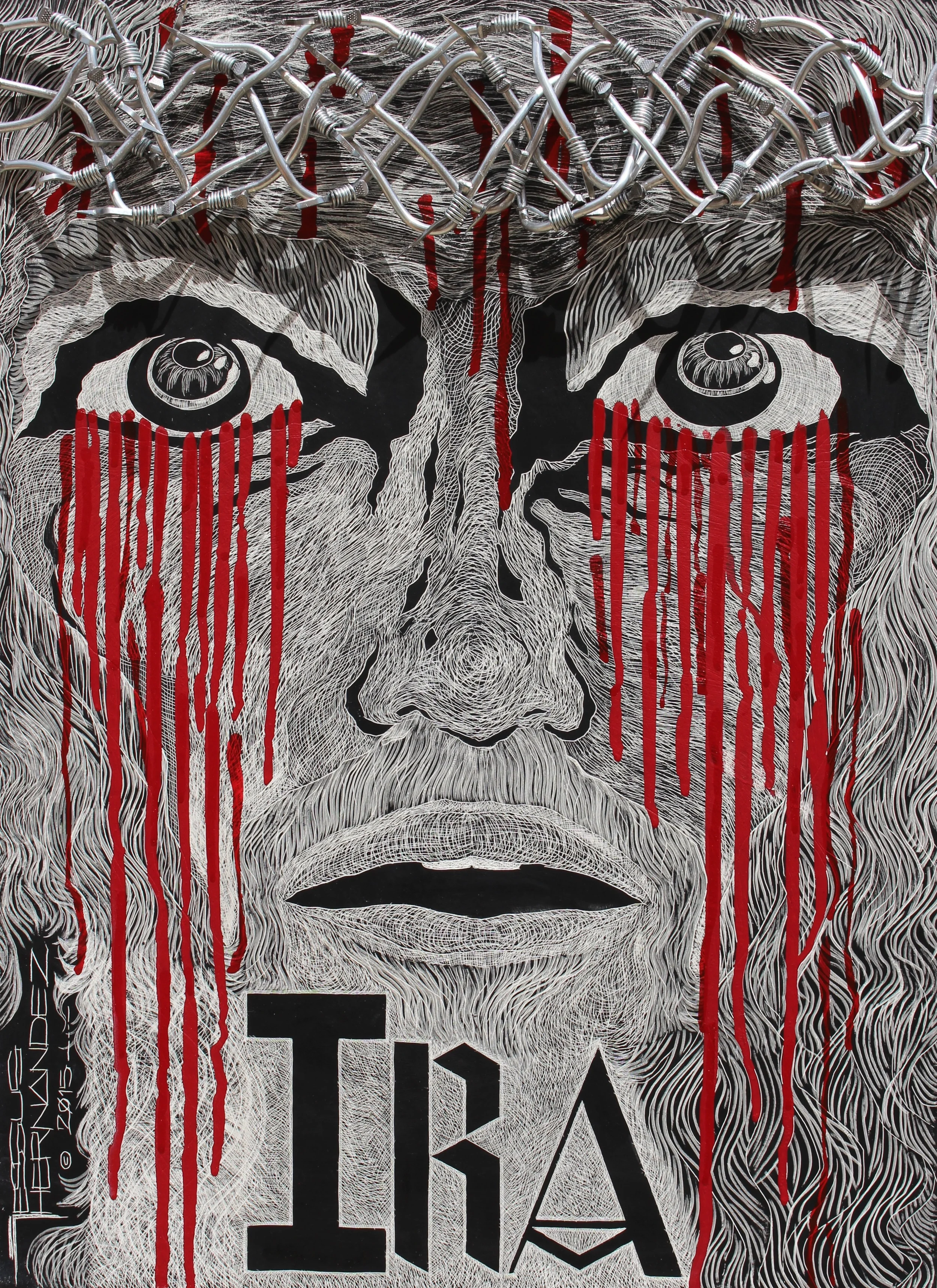   IRA [ Anger&nbsp;]   Sgraffito On Kaolin Clay,&nbsp;India Ink, Acrylics,&nbsp;Aluminum Wire And Nails On Cradled Maple Bord.  20"L &nbsp;X 28"H X&nbsp;2.5"D 