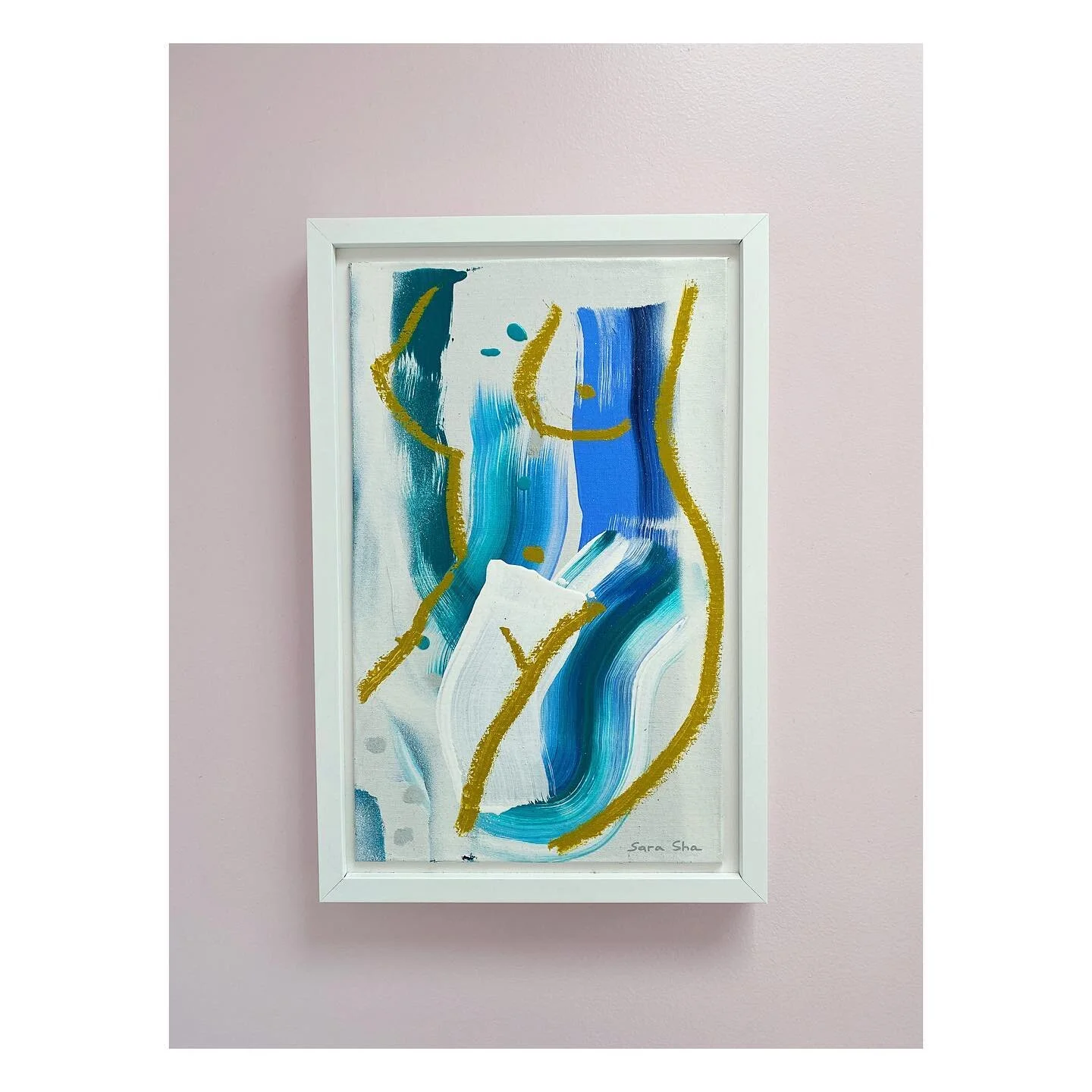 This figurative abstract is available. Custom framed and ready to hang. &lsquo;Green Figure&rsquo;  The size is roughly 12&rdquo; x 20&rdquo;
This one has greens in it and pairs well with light pink! Need a beautiful painting smaller in size for your