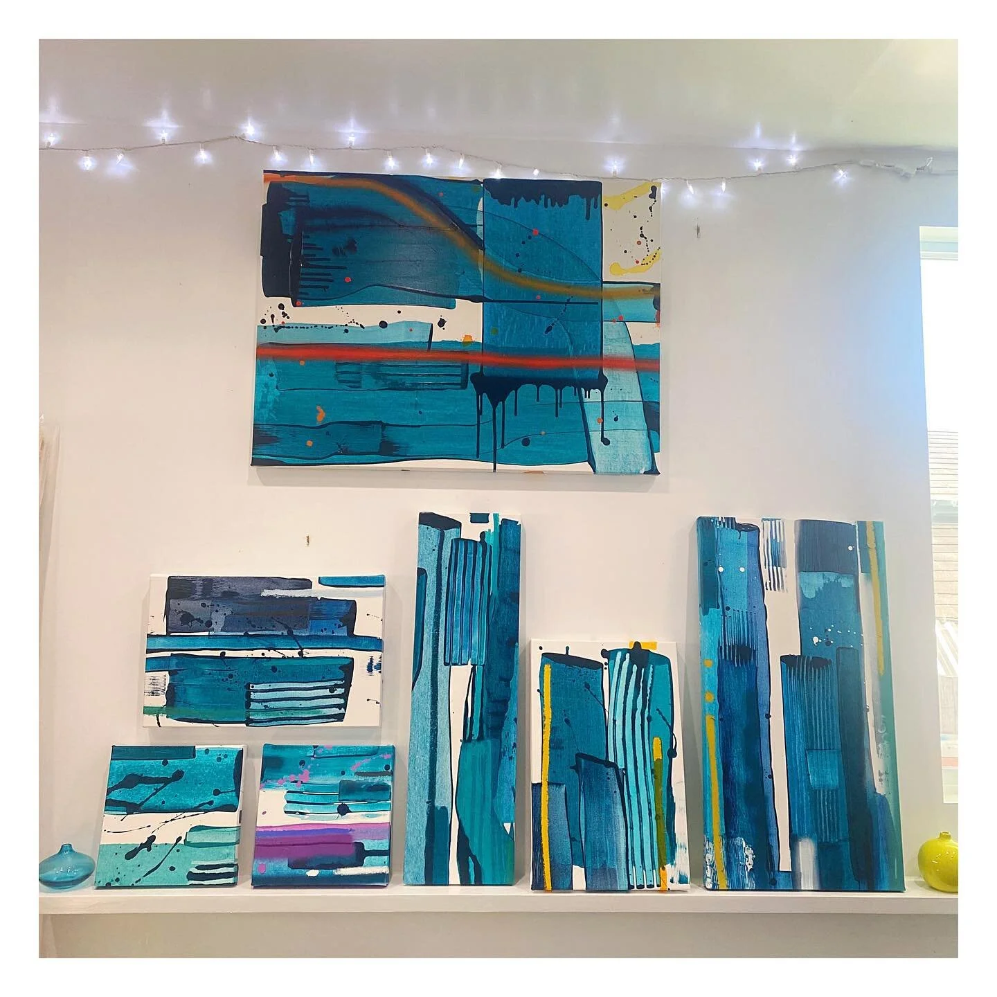 &lsquo;Feeling Teal Series&rsquo; 
Time to varnish and put hardware on some of these. New floating shelf in the art studio! Yay
.
.
.
.
.
.
.
.
. #artgallery #feelingteal #interiordecor #modernart #paintersdistrict #abstract #zenart #beautifuldecor #