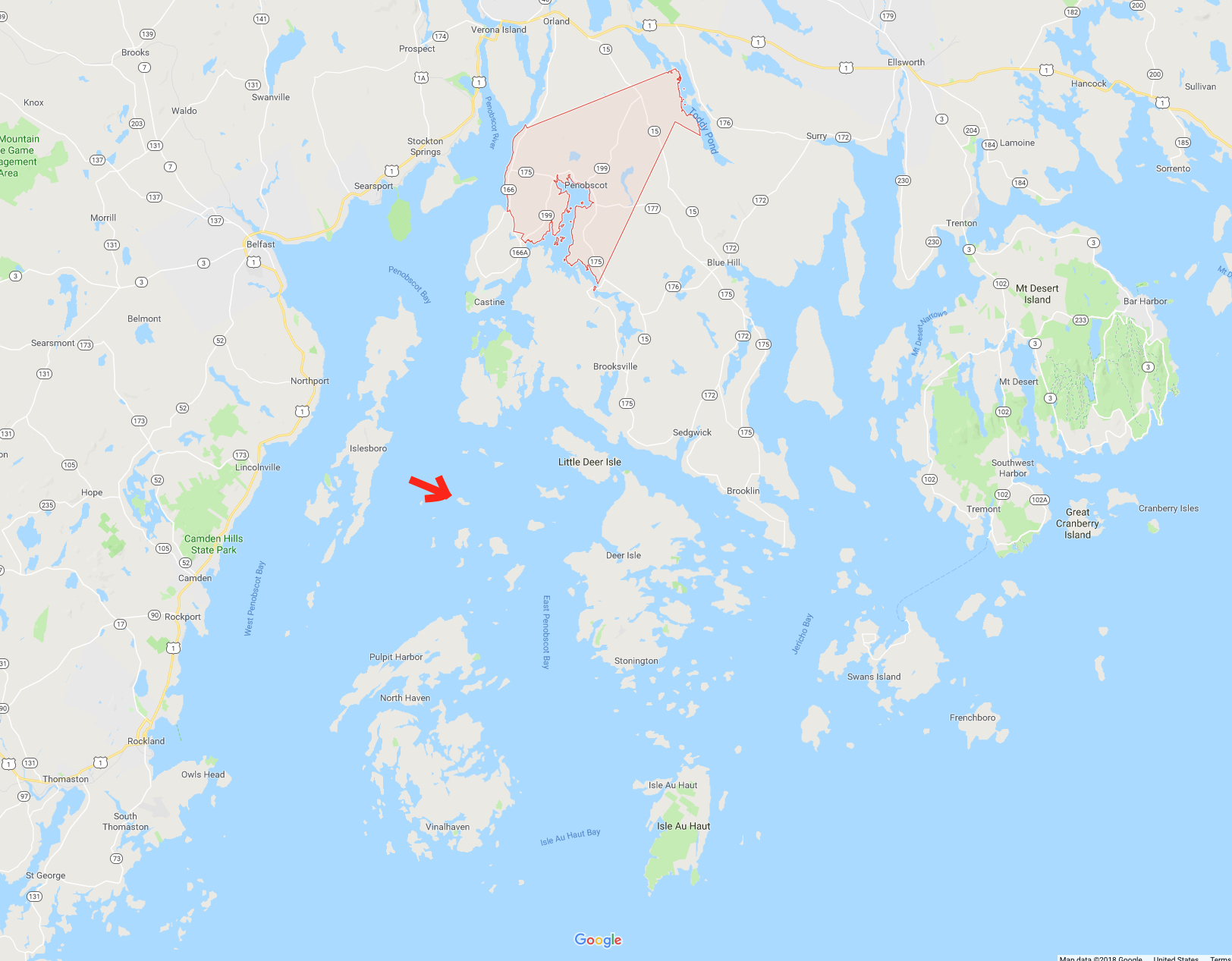 Right in the middle of Penobscot Bay.