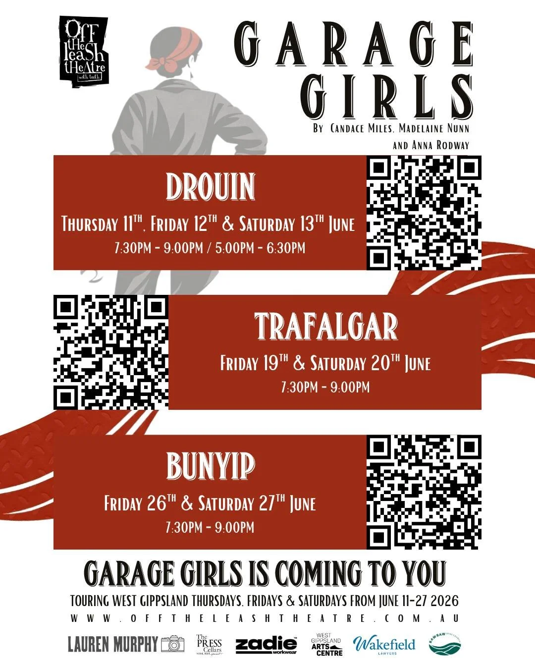 TICKETS ARE LIVE 🛠

Buckle up West Gippsland! Off The Leash Theatre is hitting road with Garage Girls in June. 

Secure your tickets through our website or by scanning the QR code. 

http://www.offtheleashtheatre.com.au

#gippslandtheatre #community