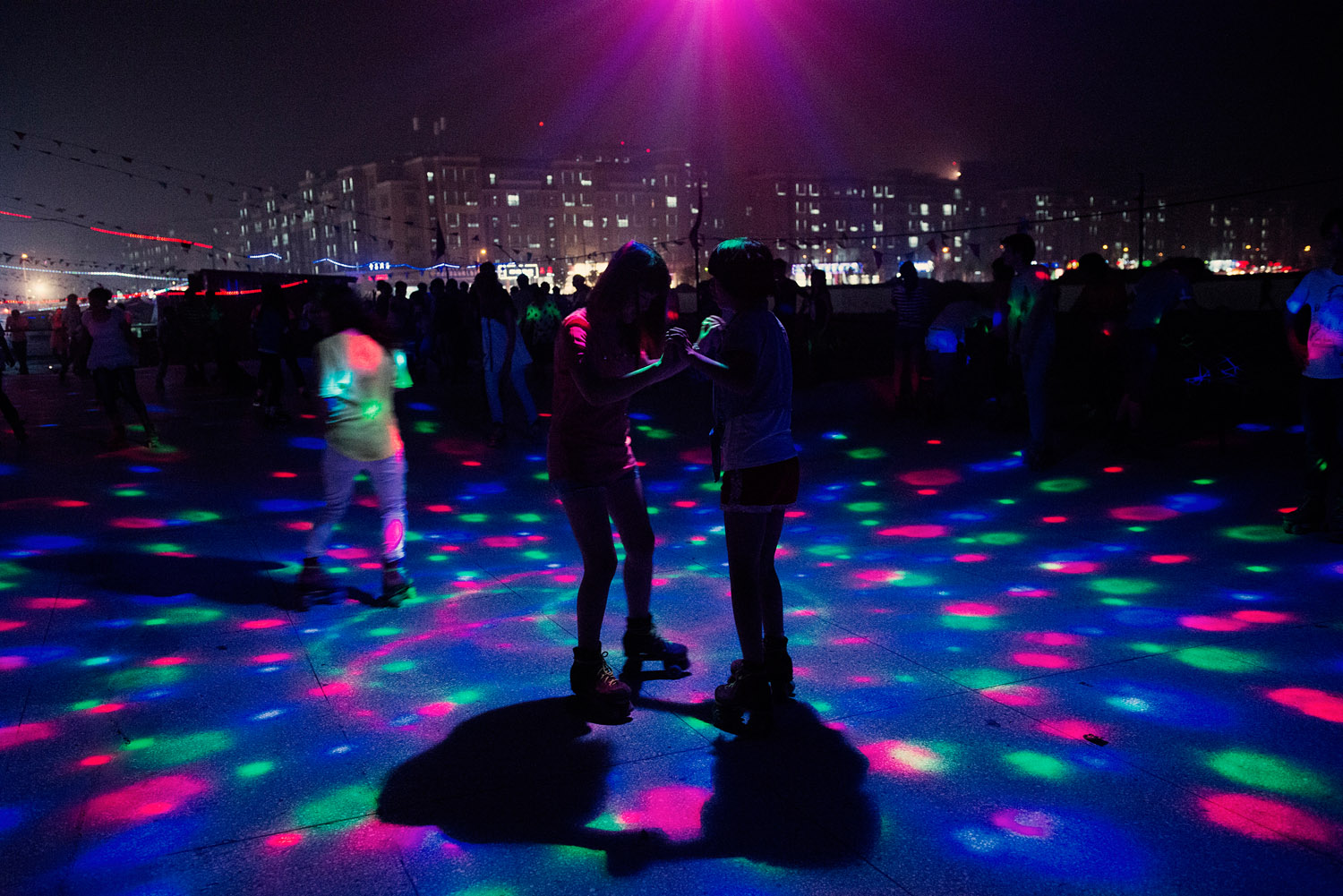At a skating ring. Rollerskating is one of the most popular hobbies among Foxconn workers.