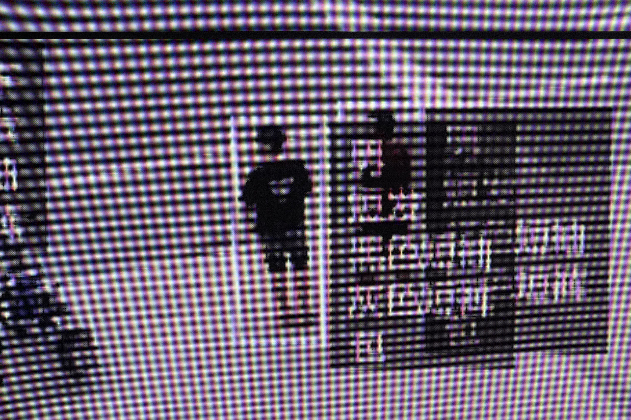 Screen capture of a CCTV footage showing human recognition recognition software in use, at the showroom of Megvii in Beijing. In this case the software describes a pedestrian : short hair, black t-shirt, grey short, carrying a bag.