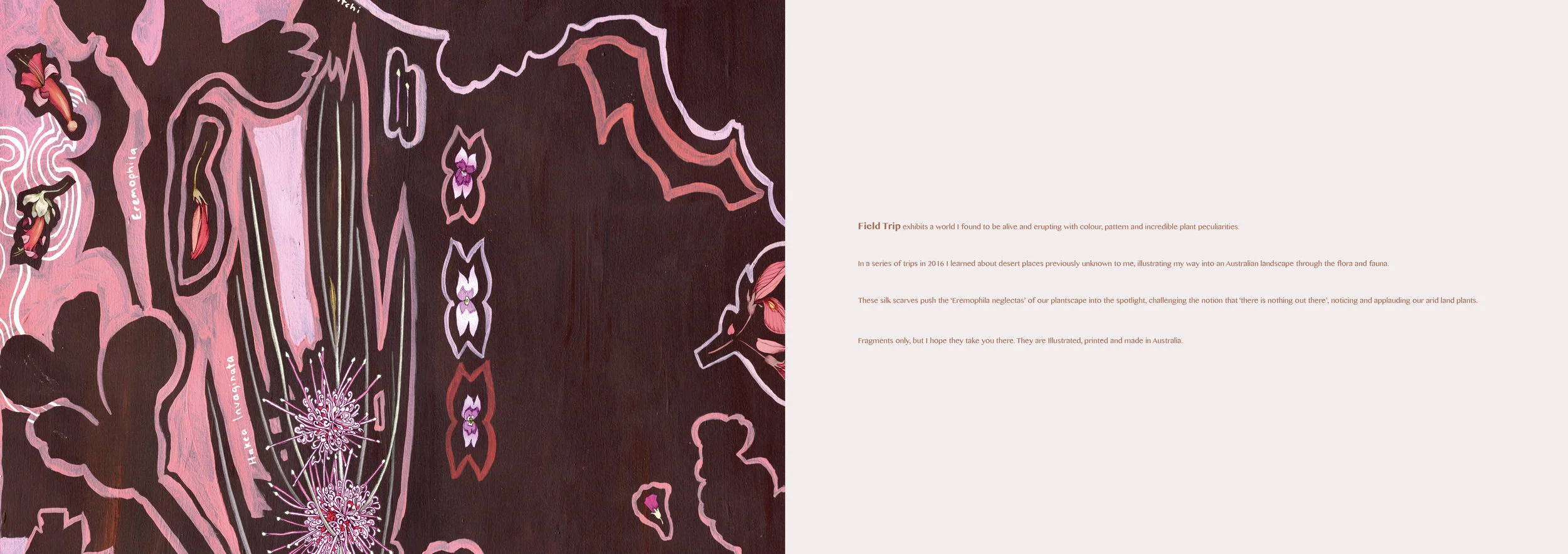 Field Trip exhibits a world I found to be alive and erupting with colour, pattern and incredible plant peculiarities. In a series of trips in 2016 I learned about desert places previously unknown to me, illustrating my way into an Australian landscape through the flora and fauna. These silk scarves push the ‘Eremophila neglectas' of our plantscape into the spotlight, challenging the notion that ‘there is nothing out there’,noticing and applauding our arid land plants. Fragments only, but I hope they take you there. They are illustrated, printed and made in Australia. Photography + Styling by Georgia Blackie